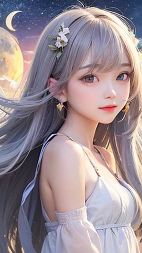 (highest quality, masterpiece), One girl, Pause, particle, Wind, flower, Upper Body, Simple Background, View your viewers, , Milky Way,smile、Silver Long Hair、Earrings、Twin taililky way、Crescent Moon