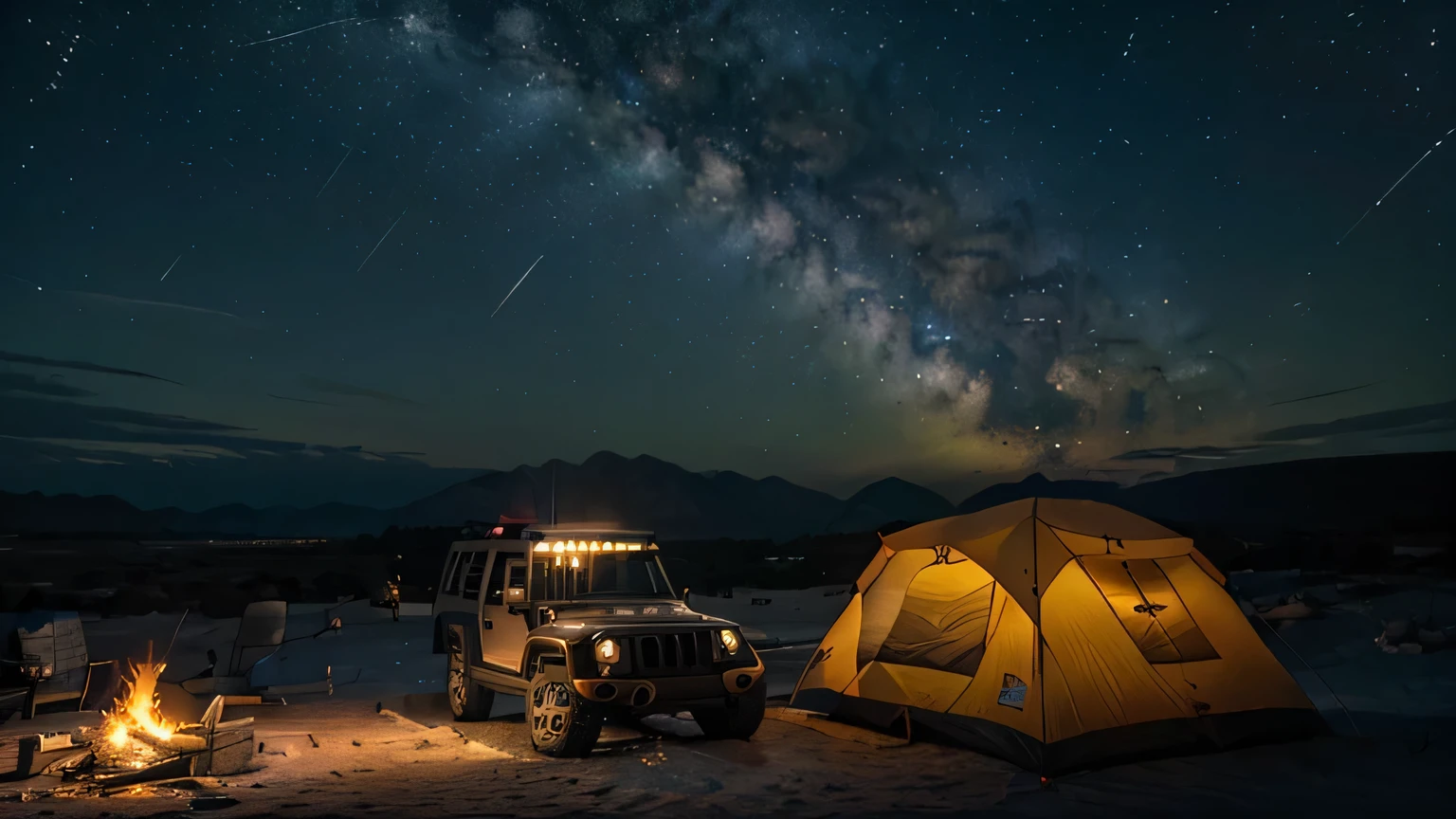 Bonfire in the center, Jeep car on the right, tent on the left, lamp, 밤 sky full of stars, tranquil night, masterpiece, amazing