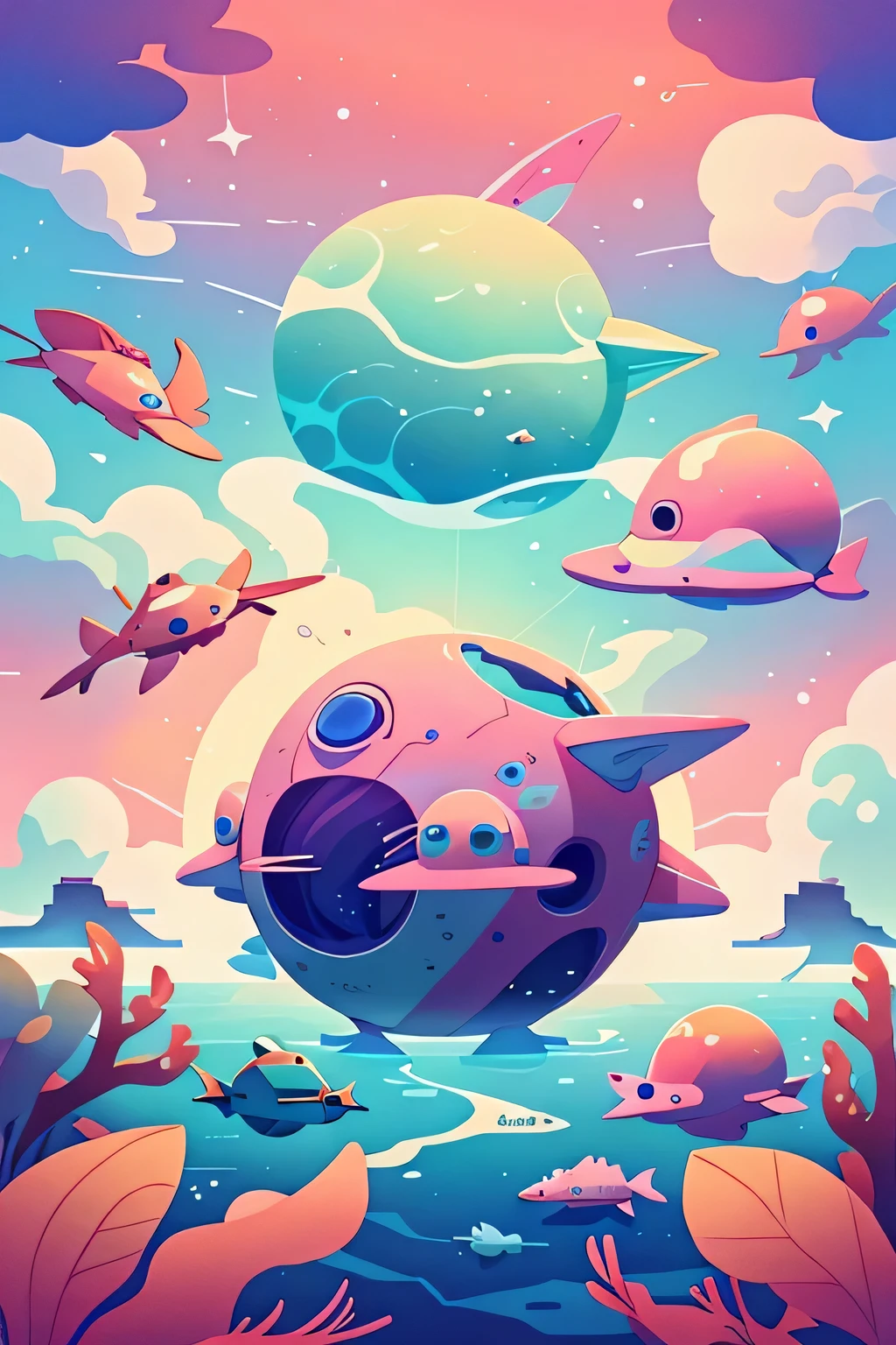 Star Boy,Animal Planet Future,ocean kingdom,ocean,Pink-purple gradient,Space,dream,spaceship,Strong visual impact