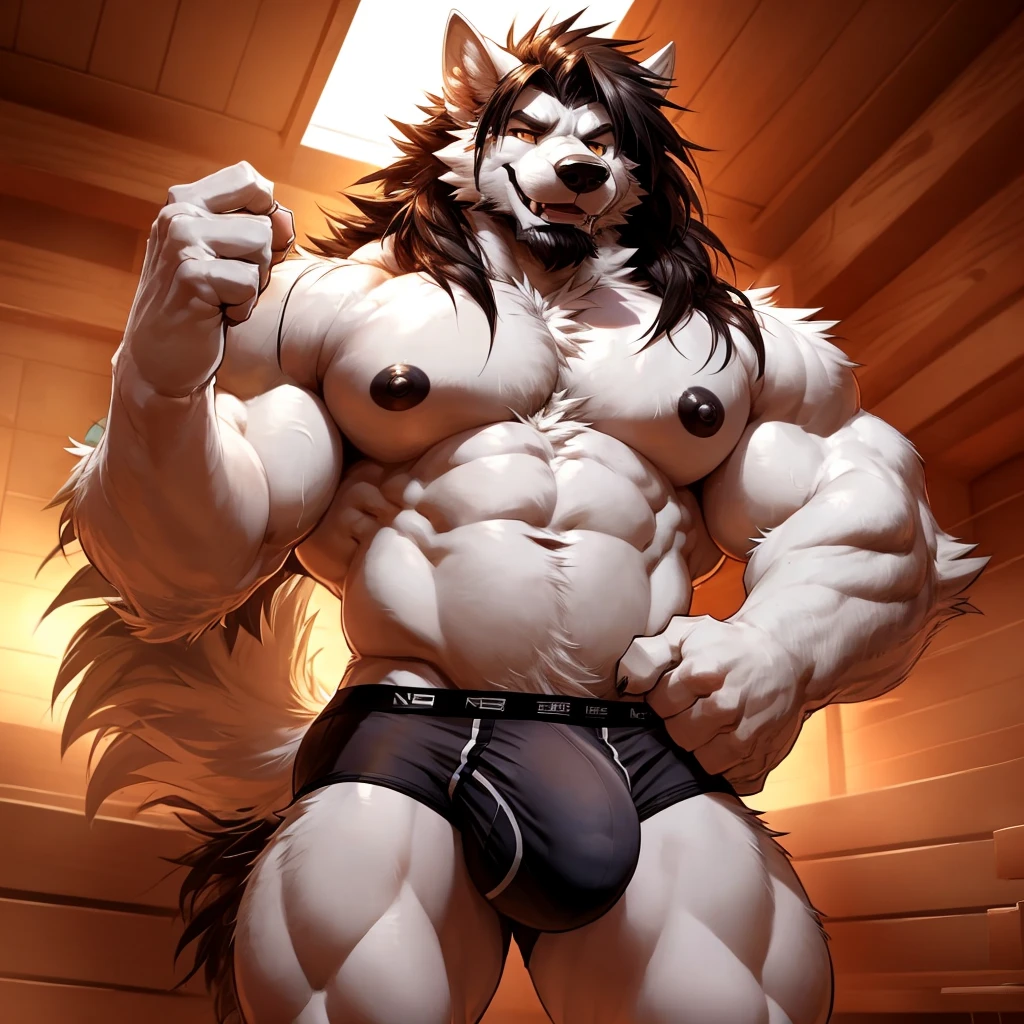 2d, masterpiece, best quality, 4k, 8k, ultra highres, raw photo in hdr, sharp focus, photo realism, real life like, detailed background, wolf anthro, wolf (((black briefs, white body, all white fur, no black fur, no fur pattern, plain fur, plain white fur, white fur, very long hair))), muscular male, big nipples, black nipples, smiling, sweat, (standing:1.5), dilf, daddy, fangs, smiling, happy face, low-angle shot, detailed big nipples, wide waist, broad shoulders, strong thighs, white teeth, black hair, very long hair, beard, very large hands, big butt, big bulge, sauna, towel, detailed background, hi res, perfect golden eyes, (by darkgem, by takemoto arashi, by anhes), Negative prompt: boring_e621_fluffyrock_v4, bad-hands-5, deformityv6