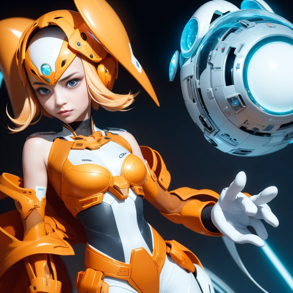 Highest image quality，Outstanding details，Ultra-high resolution，（Fidelity：1.4），The best illustration，Favor the details，Highly cohesive 1girl，He has a delicate and beautiful face，Dressed in a light orange mech，wearing a mech helmet，Hold the direction controller，Ride on blue and white porcelain，Blue and white porcelain background，It is the high-tech lighting of the abandoned city of the future，