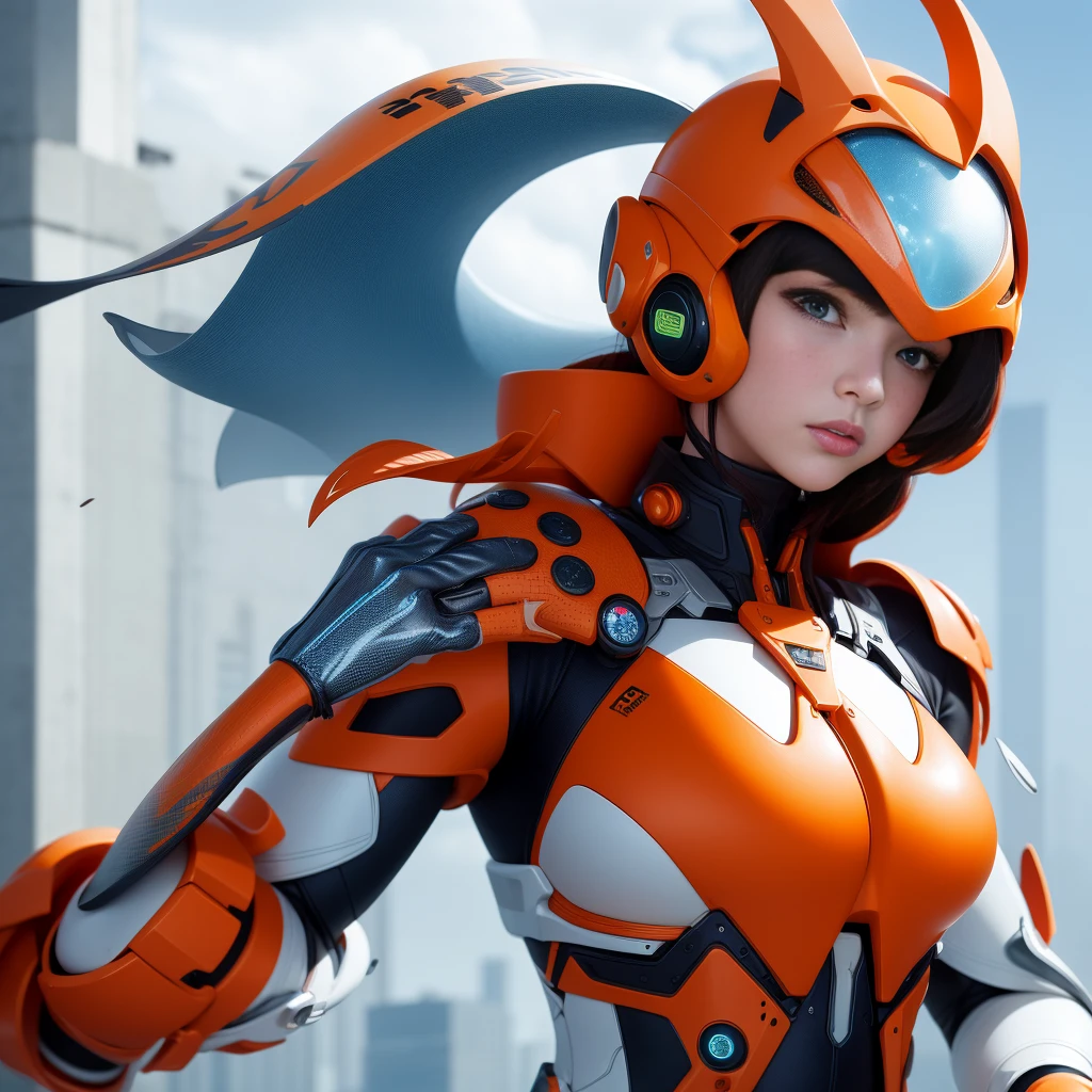 Highest image quality,Outstanding details,Ultra-high resolution,(Fidelity:1.4),The best illustration,Favor the details,Highly cohesive 1girl,He has a delicate and beautiful face,Dressed in a light orange mech,wearing a mech helmet,Hold the direction controller,Ride on blue and white porcelain,Blue and white porcelain background,It is the high-tech lighting of the abandoned city of the future,