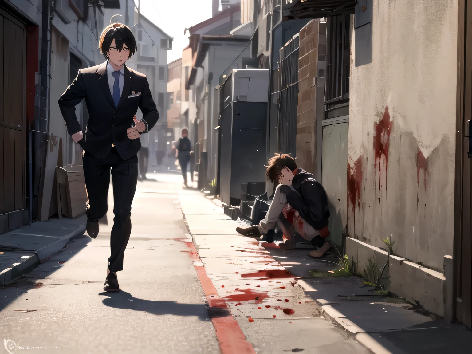 In the alley,A young male,Killed,Fell,Injuried,blood,A person is running away