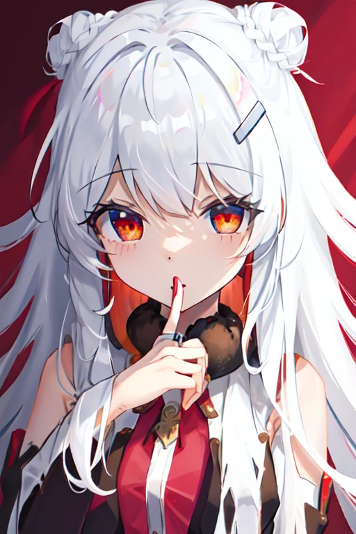 1 Girl，Solitary，Hair ring,Half bun，Iceberg Beauty,1 Girl,Red Eyes,long hair,Ji_cut,{hair in takes},Medium breasts,white hair,silver_hair，