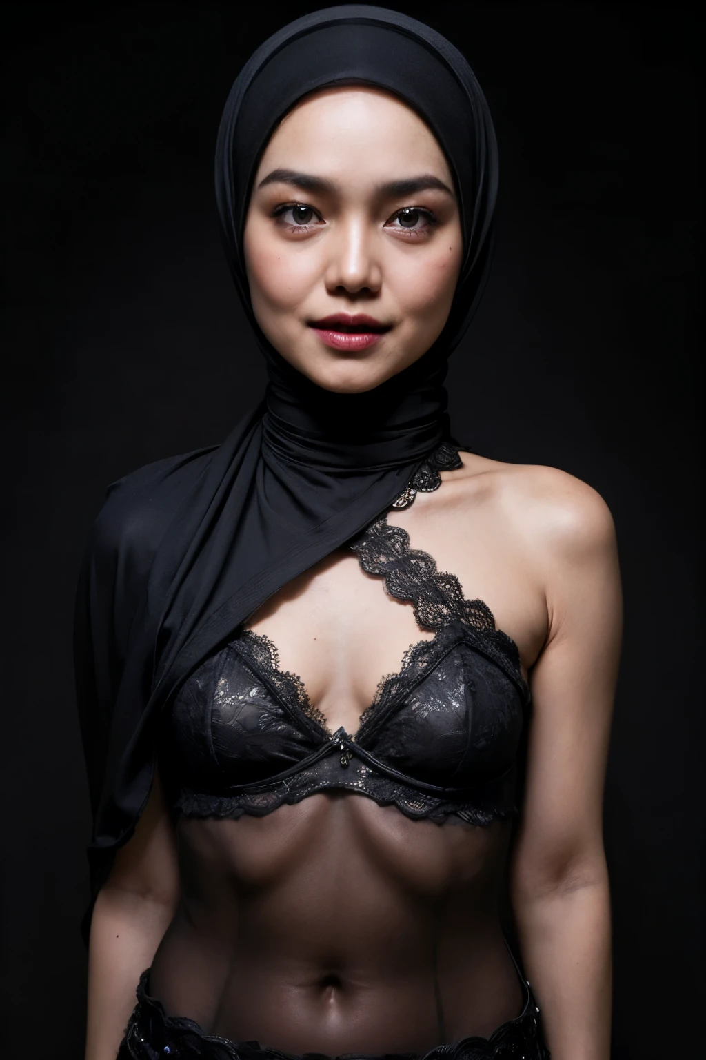 ((FLAT CHEST:1.8)), ((Lace)), (Happy smile), (((HIJAB MALAY GIRL))), masutepiece, High quality, UHD 32K, Realistic face, Realistic skin feeling , A Japanese Lady, 58 years old matured lady, , Very cute and baby-like face, (((FLAT CHEST))), (Night time at forest), ((look In front at the camera and SADNESS)), (((CUTE GIRL))), ((DARK BLACK FLUORESCENT LIPS)), ((Floral Pattern)) little wearing strapless bra, strapless colorful bra, dark night background , black forest night, horror scary place, (from behind up) seductive pose
