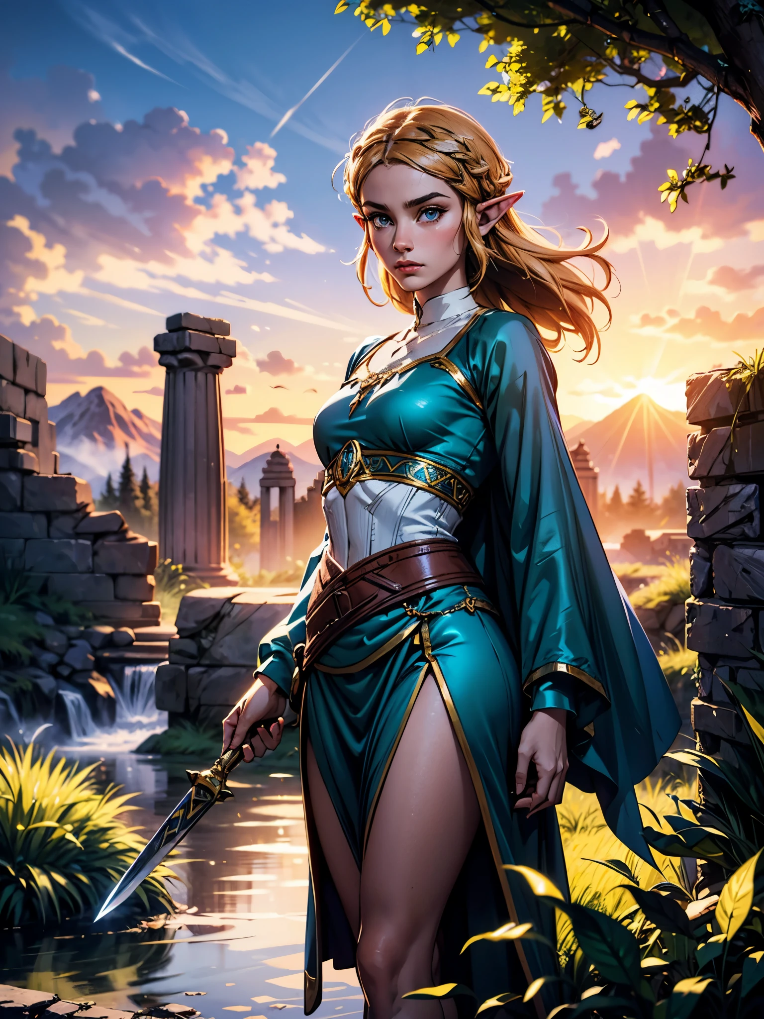 Princess Zelda (realistic: 1.37) high resolution, ultra-detailed, beautifully rendered Zelda-style landscape. wall of an ancient temple, drawing of Link (from the games between world), sparkling water, ruins of an ancient temple, high stone pillars with complex sculptures, magical floating islands, majestic mountains in the distance, colorful flora and fauna,cascade of waterfalls, sunrays piercing through the canopy of trees, mysterious mist adding an air of magic, low sound of a flute playing in the background, heroic protagonist exploring the vast landscape, shield and sword in hand,breathtaking sunset painting the sky in vibrant hues of orange and purple, ethereal glow surrounding the protagonist, glimpses of fairies and mythical creatures, whispers of forgotten legends in the wind, magical artifacts hidden among the ruins, a sense of adventure and mystery waiting.