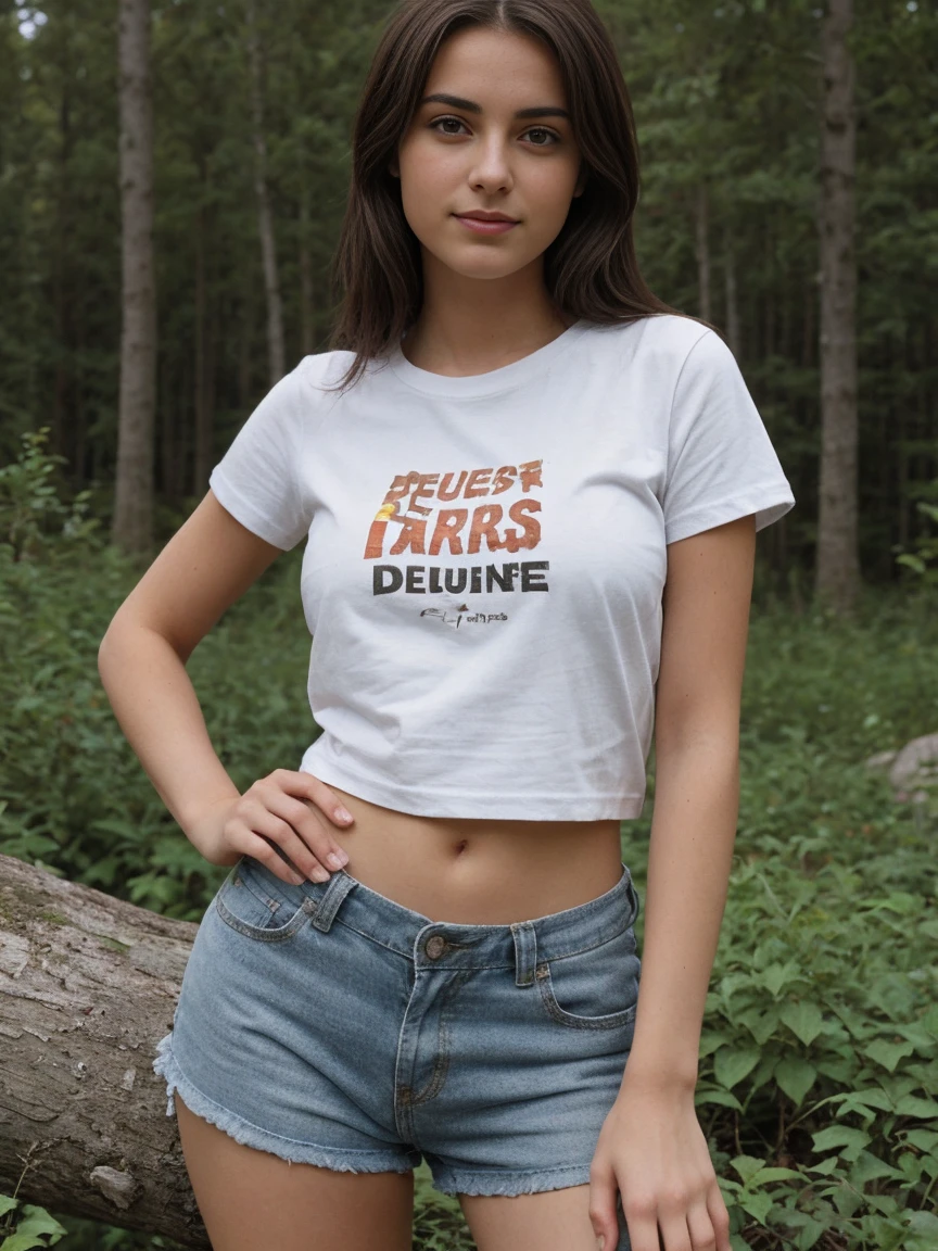 Brune de 20 ans, t-Shirt, gros seins, pas de soutiens gorge, dehors, forest,