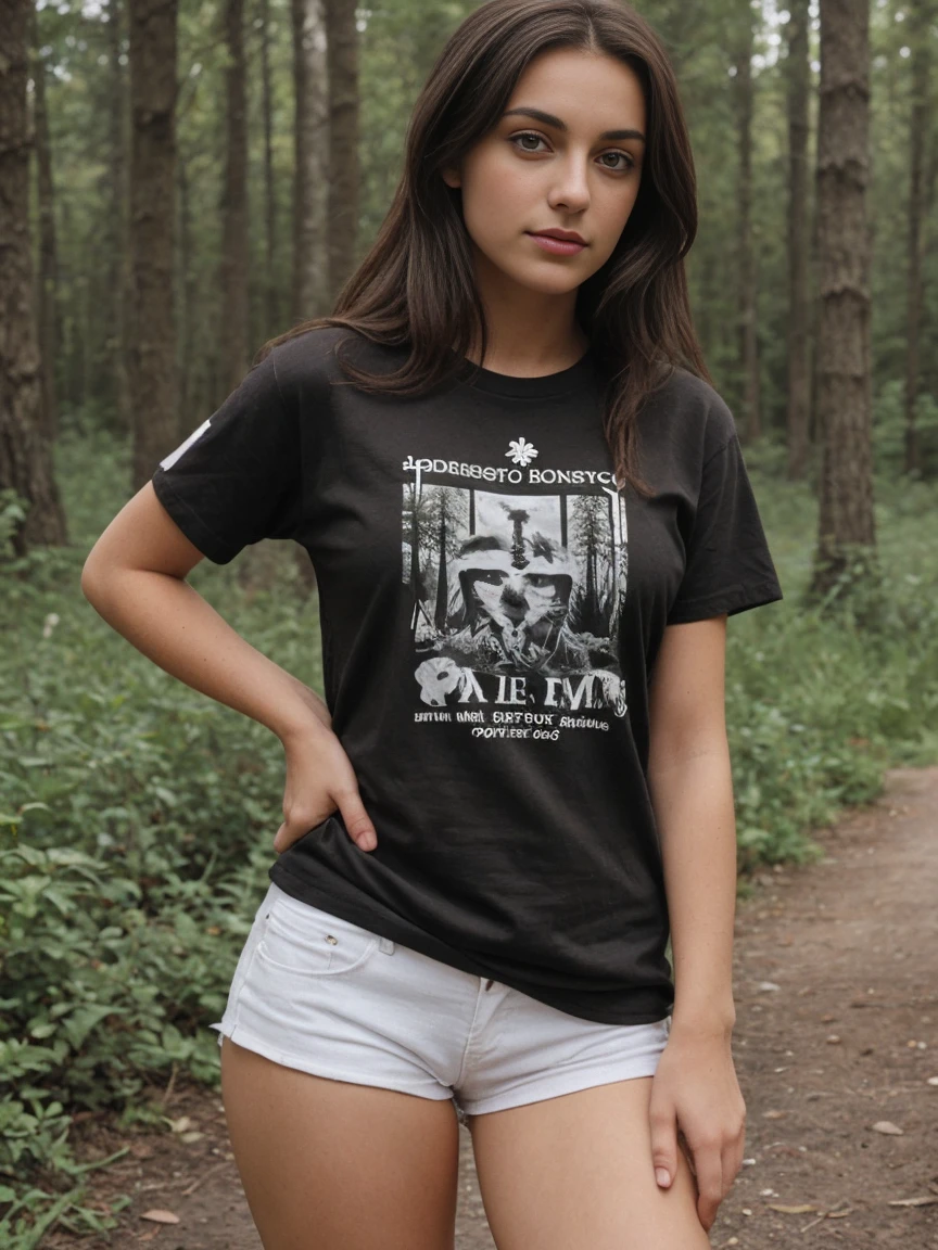 Brune de 20 ans, t-Shirt, gros seins, pas de soutiens gorge, dehors, forest,