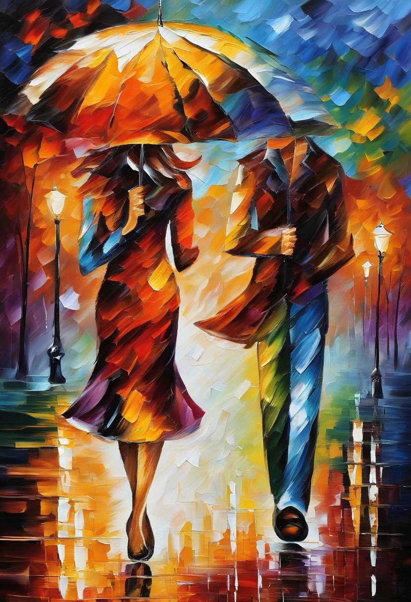 Oil painting of a couple walking in the rain with an umbrella, Afremov, , Afremov leonid, inspired 列昂尼德·Afremov, style of leonid Afremov”, style of leonid Afremov, 列昂尼德·Afremov, covered in oil painting, leonid Afremov and tim white, Painted with palette knife. Withdrawal, Withdrawal socket