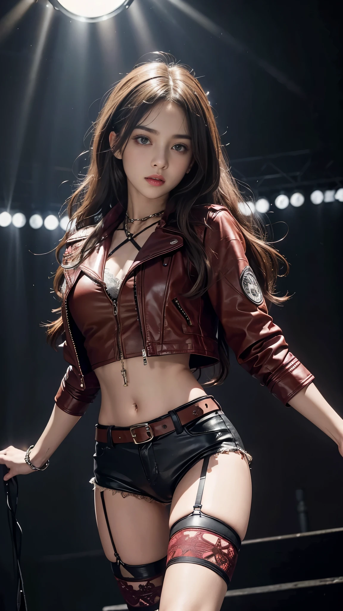 8K, ultra hd, masterpiece, hd colors, 1 girl, perfect face, very long curly hair, detailed eyes, rockstar outfit, ((red leather jacket)), ((thin vest)), underwear, belt:1.5, stocking, ((criss-cross lace)), ((chain)), stars, ((criss-cross on waist)), jwellery, Realistic club, lighting stage, (spot light:1.5), night club, decorated stage, bulbs, (glowing light:1.5), bloom lighting, foggy effect, front body pose,