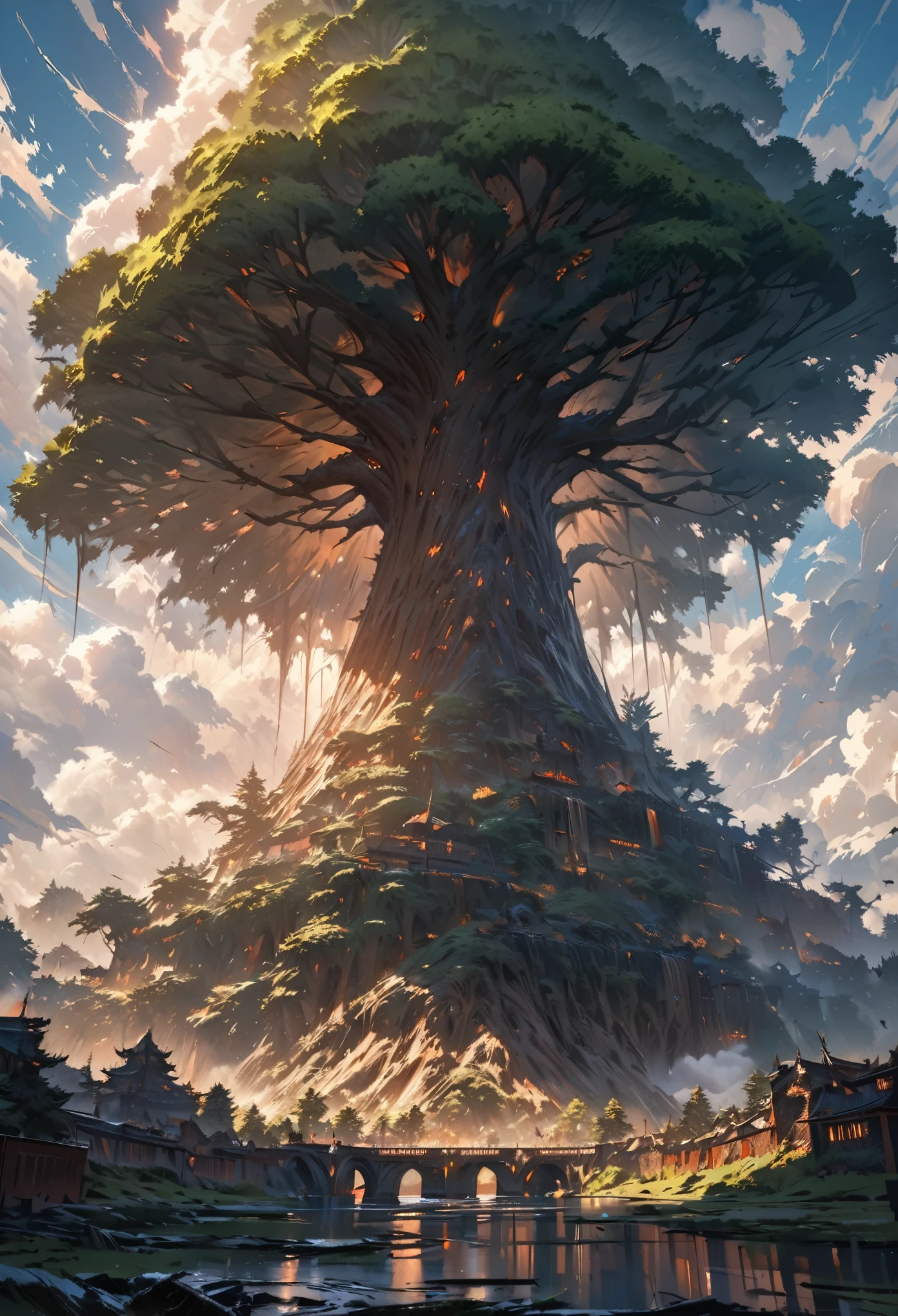 In the center of the image is the immense world tree, strong roots, towering into the clouds, at the foot of the tree is a huge city with a blue sky and white clouds in the background, best quality, beautiful image, extreme detail, masterpiece, cinematic light, masterpiece, impasto