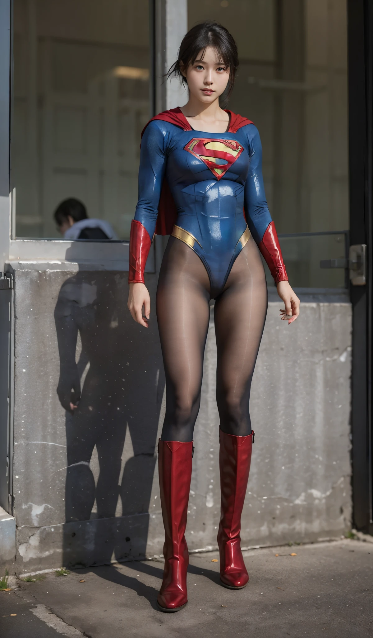 No background、(((Beautiful legs in black tights.)))、(((Legally express the beauty of your smile)))、((((Make the most of your original images)))、(((Supergirl Costume)))、(((Short beautiful hair)))、(((suffering)))、(((Please wear black tights....、Wear red boots)))、((Best image quality、8K))、((highest quality、8K、masterpiece:1.3))、(((Preserve background )))、Sharp focus:1.2、Beautiful woman with perfect figure:1.4、Thin abdominal muscles:1.2、Wet body:1.5、Highly detailed face and skin texture、8K