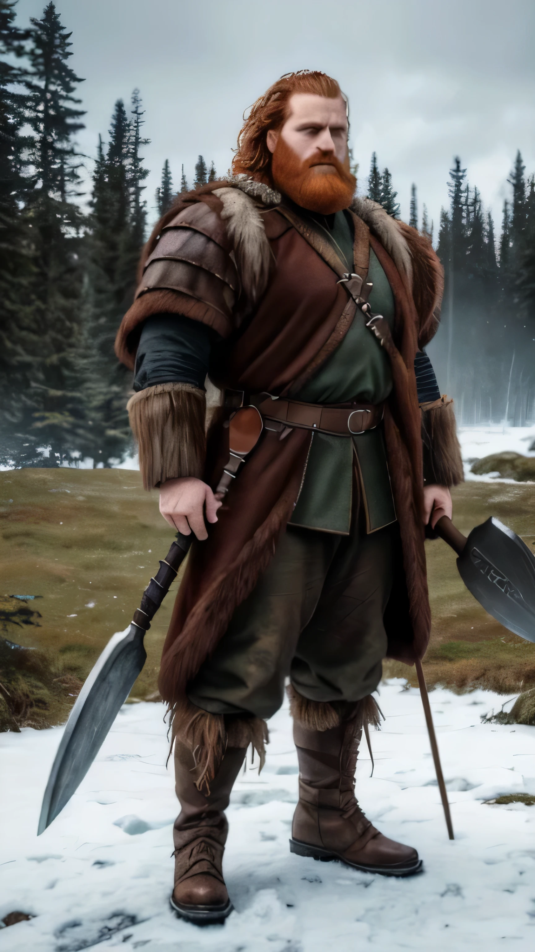 Kristofer Hivju as Tormund Giantsbane, fur suit, big ax, leather boots, standing, in the forest, (1man), (solo), (full body view), beautiful detailed glow, detailed, cinematic light, intricate detail, realistic, highres, detailed facial features, high detail, sharp focus, smooth, aesthetic, extremely detailed, stamp, octane render