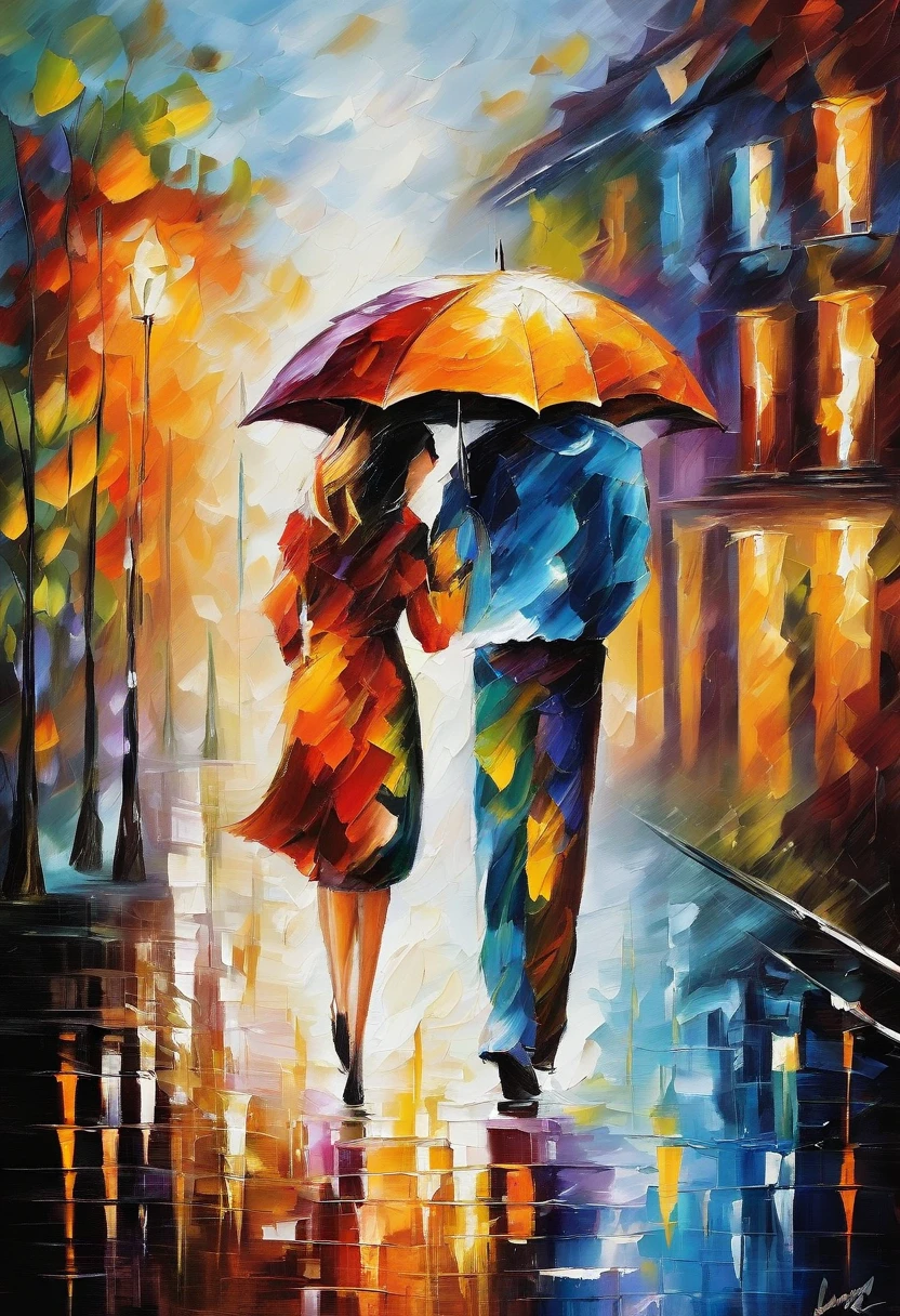 Oil painting of a couple walking in the rain with an umbrella, Afremov, , Afremov leonid, inspired 列昂尼德·Afremov, style of leonid Afremov”, style of leonid Afremov, 列昂尼德·Afremov, covered in oil painting, leonid Afremov and tim white, Painted with palette knife. Withdrawal, Withdrawal socket