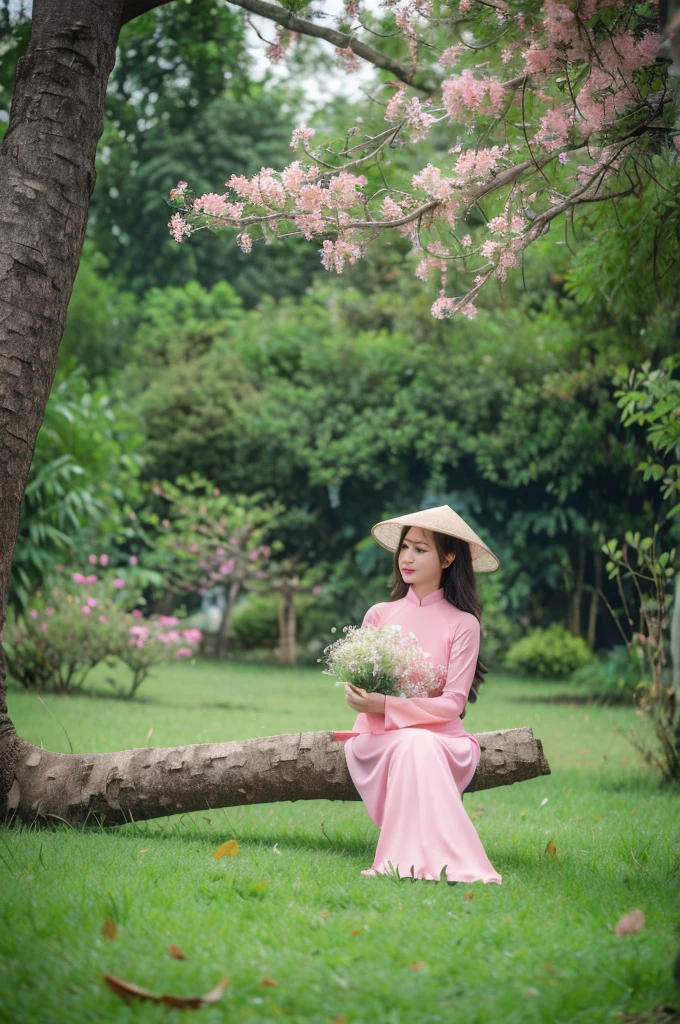 (pink ao dai:1.1,beautiful detailed eyes,beautiful detailed lips,extremely detailed eyes and face,long eyelashes), flower garden with vibrant colors,green grass and blooming flowers,traditional Vietnamese hat on her head,colourful butterflies and birds flying around,soft sunlight shining through the trees,delicate embroidery on the ao dai,peaceful and serene atmosphere,high-res(mega-pixel),photo-realistic style,soft and warm color tone,subtle and natural lighting