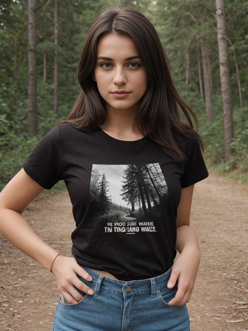 Brune de 20 ans, t-Shirt, gros seins, pas de soutiens gorge, dehors, forest, Realistic