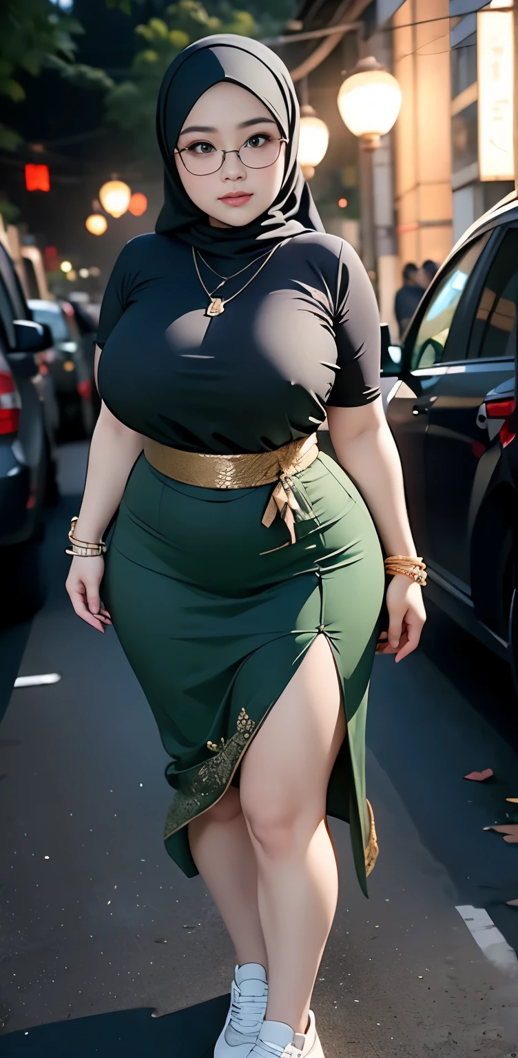 1 malay girl, modern plain hijab, shy, medium portrait, watery eyes, wearing dark green kebaya, ((big breasts)), black bokeh background, well-proportioned body,, chubby massive thighs, full body pose, wearing a necklace , wearing 10 bracelet , wearing a sneaker , glasses