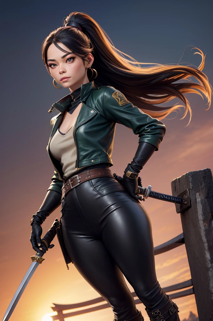 Kristin Kreuk avec queue de cheval, Yeux verts, Portrait complet du corps, Dressed in black leather pants and a yellow leather jacket, bottes en cuir noir, earrings, Collier pour chien, gros seins, Taille fine, gros cul. Prenant la pose avec un katana telle une ninja. en background, un temple japonais sur fond de soleil couchant .realistic image, detailed skin, face detailed, hyper realistic, posant pour l'appareil photo, Professional model, DSLR photo shoot.