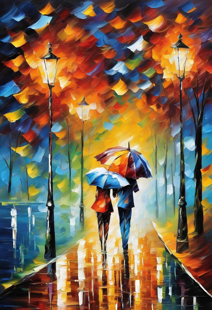 Oil painting of a couple walking in the rain with an umbrella, Afremov, , Afremov leonid, inspired 列昂尼德·Afremov, style of leonid Afremov”, style of leonid Afremov, 列昂尼德·Afremov, covered in oil painting, leonid Afremov and tim white, Painted with palette knife. Withdrawal, Withdrawal socket