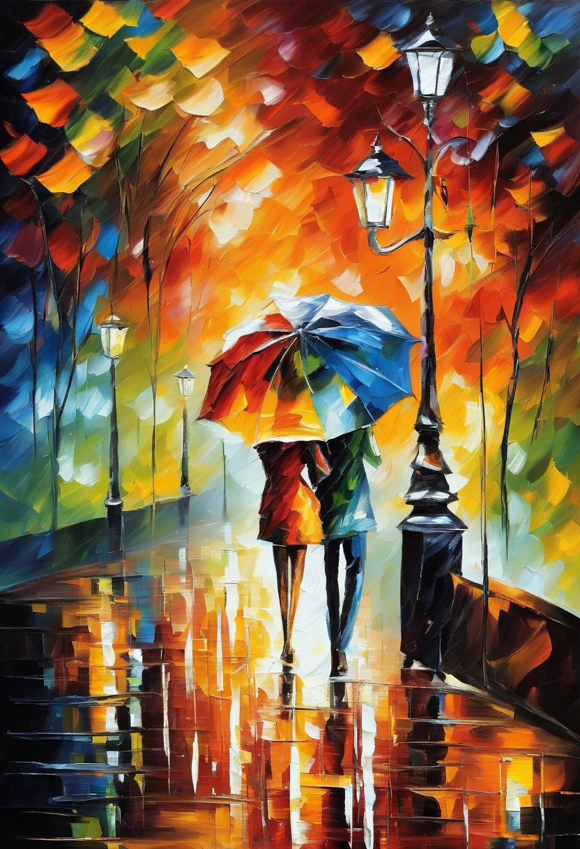 Oil painting of a couple walking in the rain with an umbrella, Afremov, , Afremov leonid, inspired 列昂尼德·Afremov, style of leonid Afremov”, style of leonid Afremov, 列昂尼德·Afremov, covered in oil painting, leonid Afremov and tim white, Painted with palette knife. Withdrawal, Withdrawal socket