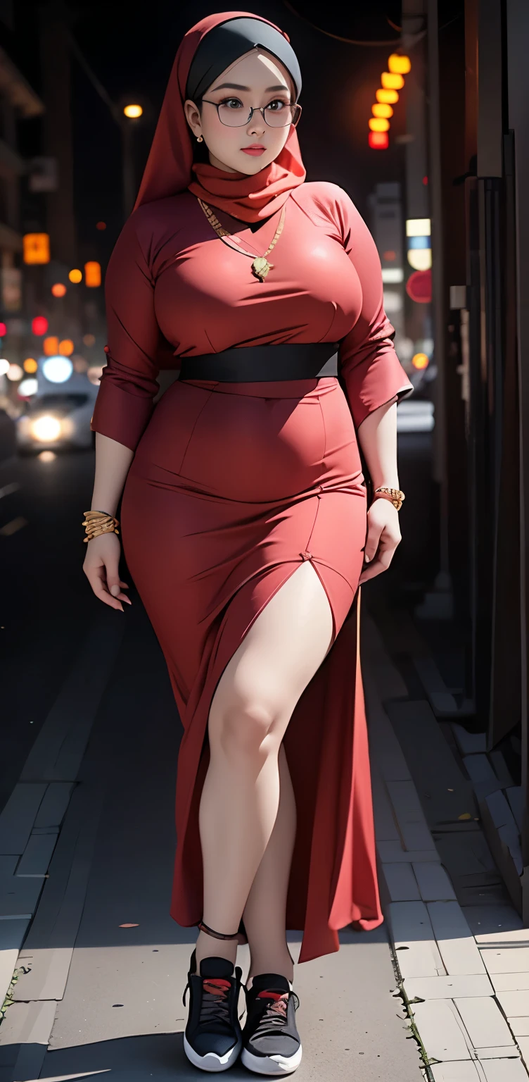 1 malay girl, modern plain hijab, shy, medium portrait, watery eyes, wearing dark red kebaya, ((big breasts)), black bokeh background, well-proportioned body,, chubby massive thighs, full body pose, wearing a necklace , wearing 10 bracelet , wearing a sneaker , glasses
