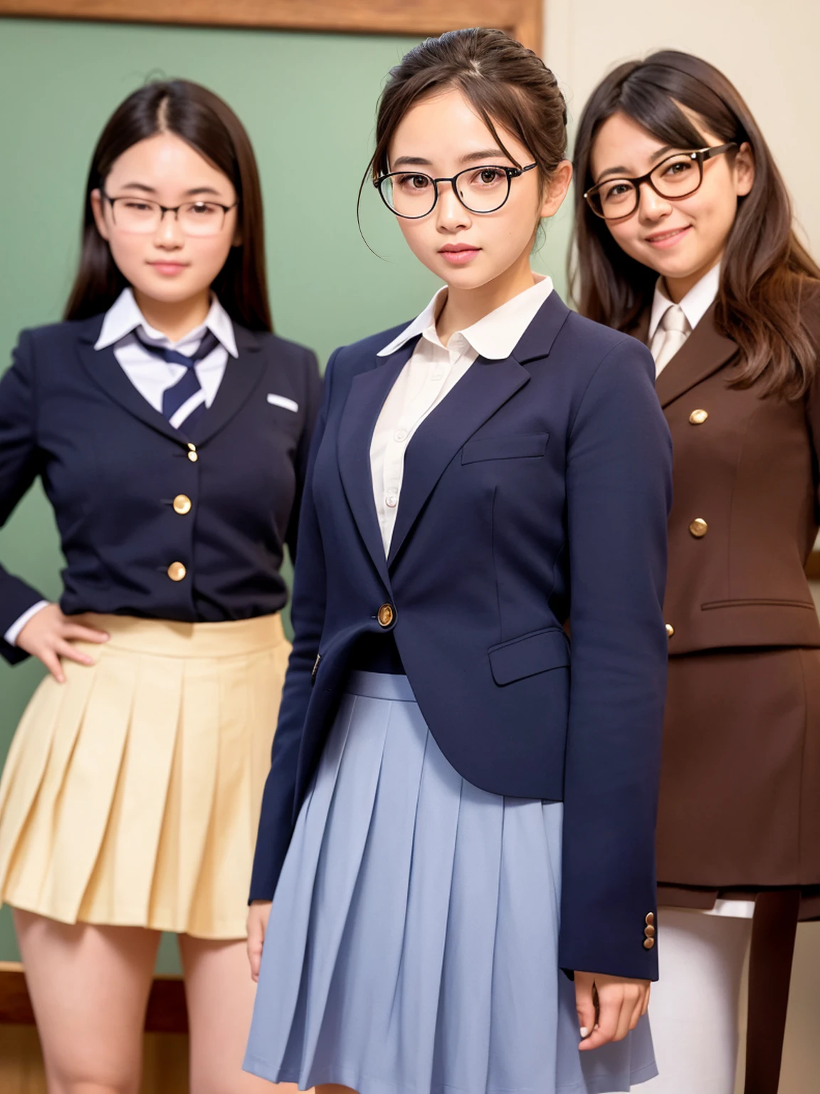masterpiece, High resolution, Portraiture, highest quality, High resolution,
Realistic, (With 3 people), school blazer uniform, School classroom during the day,Smiling and showing beautiful teeth,(Braid),No exposure、((Very large breasts))、((Very young face))、((Small woman))、((A blazer uniform that reveals the shape of the breasts))、Beautiful legs、(whole body)、(Color)、((Very short pleated skirt))、Glasses、(Skirts short enough to reveal pants)