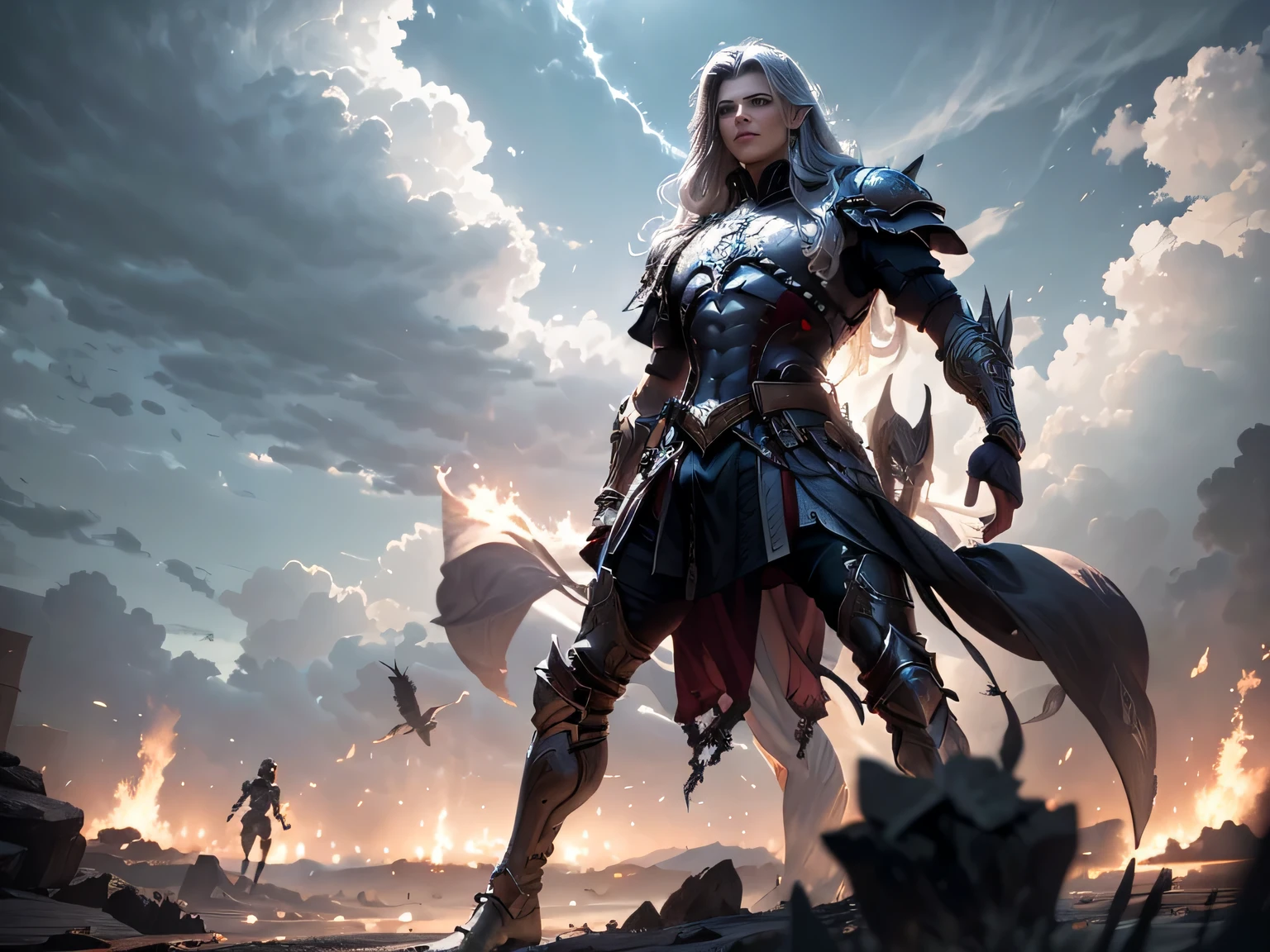 battlefield,A young male,Silver long hair,wearing ornate armor,Look to the sky,majesty,fighting,Human Strong,There are demons everywhere in the distance