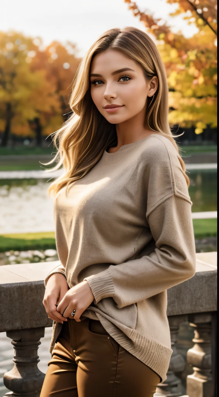 Foto hiperrealista en primer plano de Emily Sears , masterpiece, best quality, (photorealistic:1.4), full body, (light brown Casual 3/4 Sleeve Loose Tunic Tops Lightweight Knit Fall Pulover Sweater Blouses:1.2), (brown luxury  pants:1.1), heels, city park, fall, colorful leaves, cinematic light, beautiful woman, skinny, large breasts, blond straight hair, detailed face, smile, jumping, age 20 years old