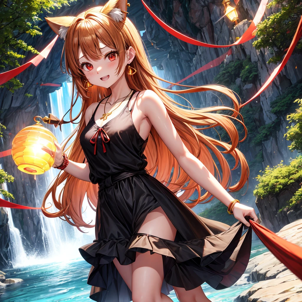 Brown, red, gold, golden hair、Red eyes、One good looking girl、solo、anime、Checkered mini skirt、Black camisole、Black T-shirt、hoodie、Wearing a ribbon、Ribbon on waist、Crystal Earrings、Gemstone Necklace、Light and shadow、Tilting face、Teeth are visible、waterfall、Kuroko、tunnel、pylon、Sunset sky、Towering、frilled lizard、light、flash、Barrel