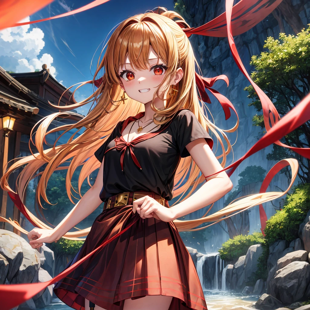 Brown, red, gold, golden hair、Red eyes、One good looking girl、solo、anime、Checkered mini skirt、Black camisole、Black T-shirt、hoodie、Wearing a ribbon、Ribbon on waist、Crystal Earrings、Gemstone Necklace、Light and shadow、Tilting face、Teeth are visible、waterfall、Kuroko、tunnel、pylon、Sunset sky、Towering、frilled lizard、light、flash、Barrel