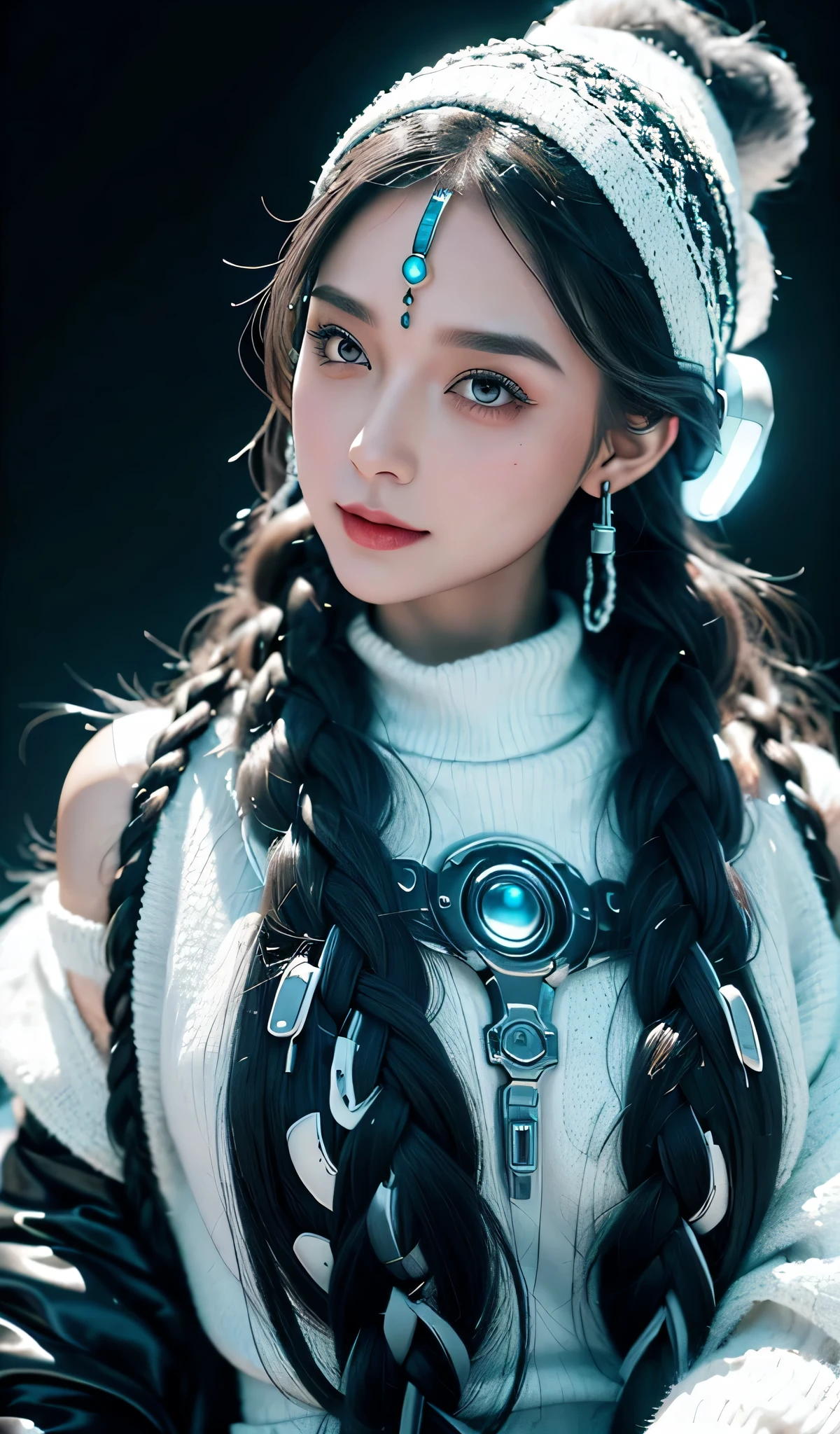 Woman happy Perfect beauty Beautiful white skin beautidful eyes Look at viewers Lustrous lips Lovely smile gray hair in braids Knitted hats tattoo on body IDOL is standing Futuristic Lolita costume designed in black and white Functional head phone spaceships