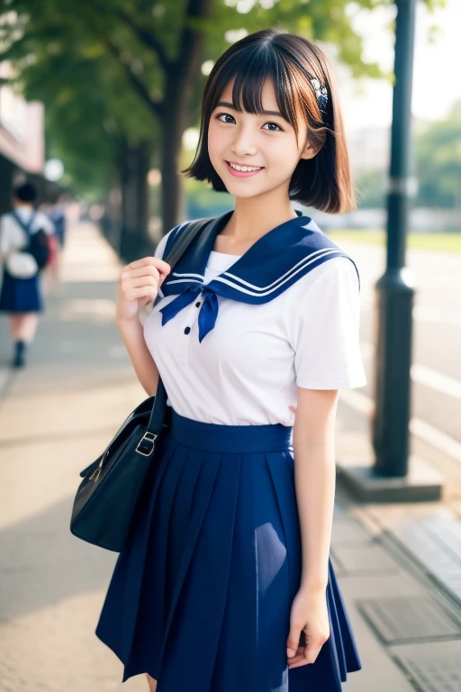 Japanese women,Late s、 One Girl, Idol cuteness:1.5, Beautiful Face:1.5、Bob、Dark brown hair、 smile、sense of cleanliness、Girls' High School , Carrying a student bag、solo, 青いSailor collar, Sailor collar, Blue Skirt, Short sleeve, Red ribbon,Beautiful big breasts,On the way to school、walk、summer