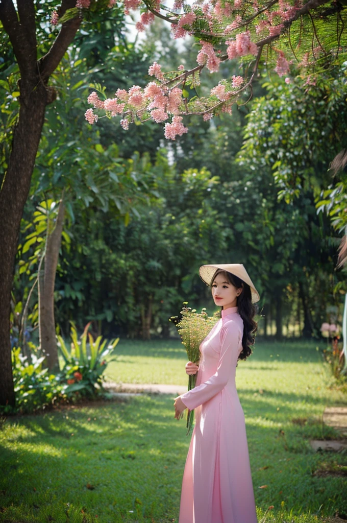 (pink ao dai:1.1,beautiful detailed eyes,beautiful detailed lips,extremely detailed eyes and face,long eyelashes), flower garden with vibrant colors,green grass and blooming flowers,traditional Vietnamese hat on her head,colourful butterflies and birds flying around,soft sunlight shining through the trees,delicate embroidery on the ao dai,peaceful and serene atmosphere,high-res(mega-pixel),photo-realistic style,soft and warm color tone,subtle and natural lighting