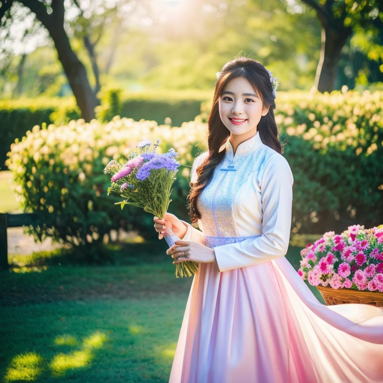 Ao Dai, smile, Shot with a Nikon Z7 II mirrorless camera.,120 mm.F/4 wide-angle shot with the most modern high quality Fuji camera 45,000,000 Chili Cell,) 8k,)
a woman in a pink dress  with flower in it and a (basket of flower), Ding Yunpeng, Fuk Kuan, stock photos, art photography
a woman in a white dress holding a bouquet of flower, Byeon Sang-byeok, portrait photography, stock photos, 1girl art photography, Ao Dai, Photo Art, (flower:1.2),  flowerสีแดงอยู่รอบๆท่ามกลางธรรมชาติ ,)  Outdoors, evening sun, two glittering trees, Stunning photos with beautiful color saturation., Ultra high resolution,(realistic:1.4)),deep shadow,(best quality, Masterpiece), skin color, Blush, Highly detailed, destroy depth of field, Film texture, looking at the audience, knee, warm smile, 