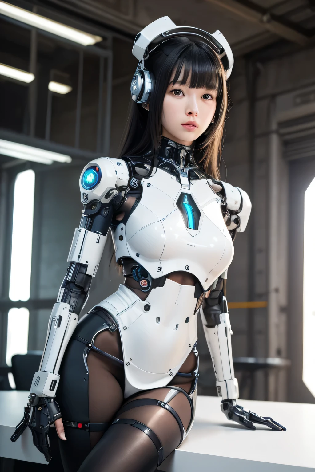 Tabletop, highest quality, Very detailed, (Realistic:1.4),(RAW Photos) (8k, 4K, highest quality, High resolution, 超A high resolution:1.1), (Tabletop, Realistic, Photorealistic:1.1), One Girl, Japanese Cyborg Girl,Plump ,Navy Pleated Mini Skirt,black tights,Control panel,AnDroid,Droid,Mechanical Hand, ,Clothes that evoke mechanical technology, Robotic arms and legs, Black Robot Parts,Black Hair,Mechanical body,Blunt bangs,White abdomen,White robot parts,Tube Dress,Perfect robot woman,The Laboratory of the Future,cyber punk,Charging Spot,AnDroid factory,Robot Factory,cyborg factory,Long tube,A thick cable connects her neck,Ceramic body ,Complete Eyes,Striking eyes,Mechanical body, head antenna,Rod antenna on head,Mechanical ear covers,AnDroid,Robot Humanoid,Sit on a chair