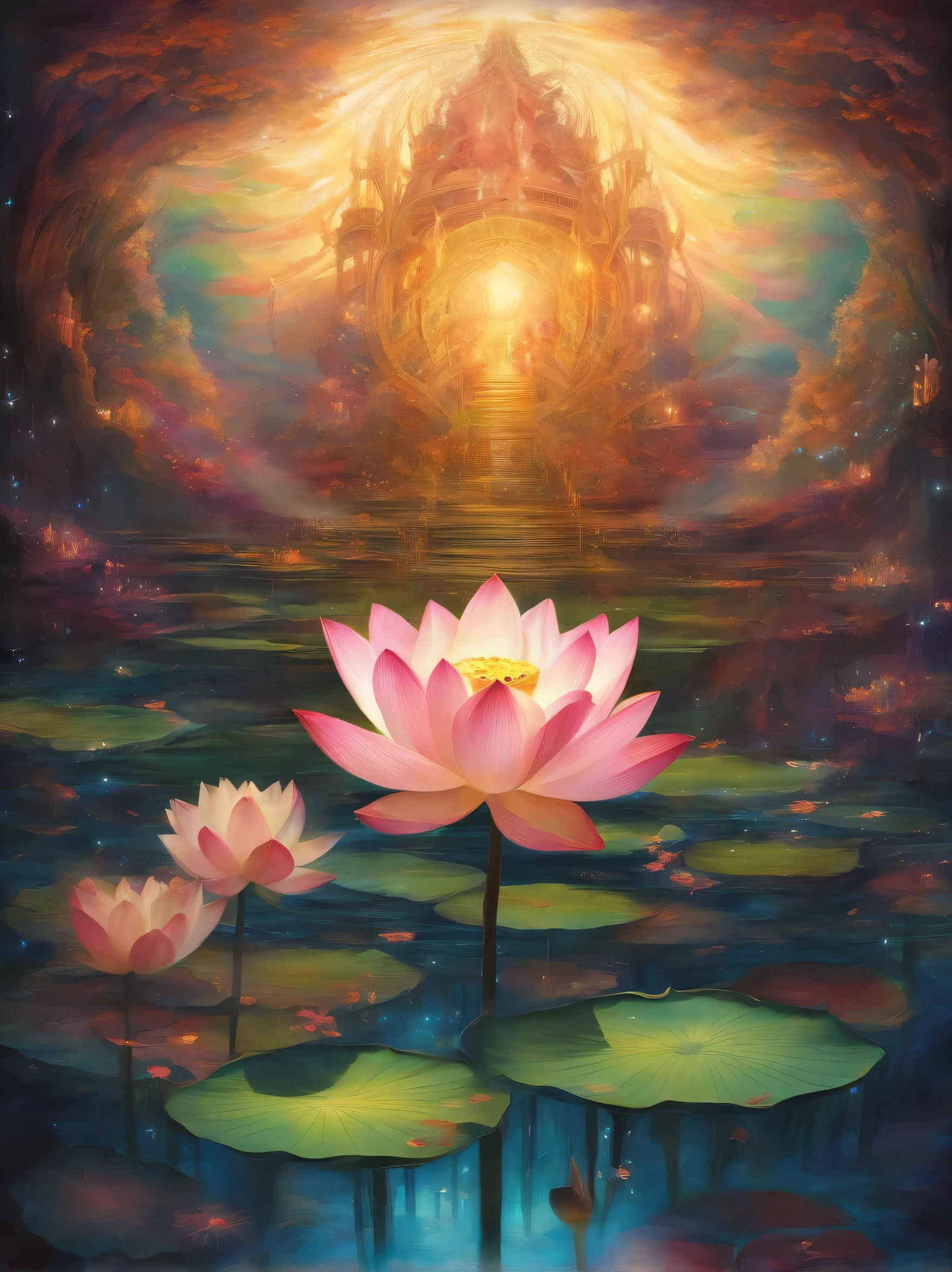 Below is the lotus, artistic conception, Light shines vertically from above