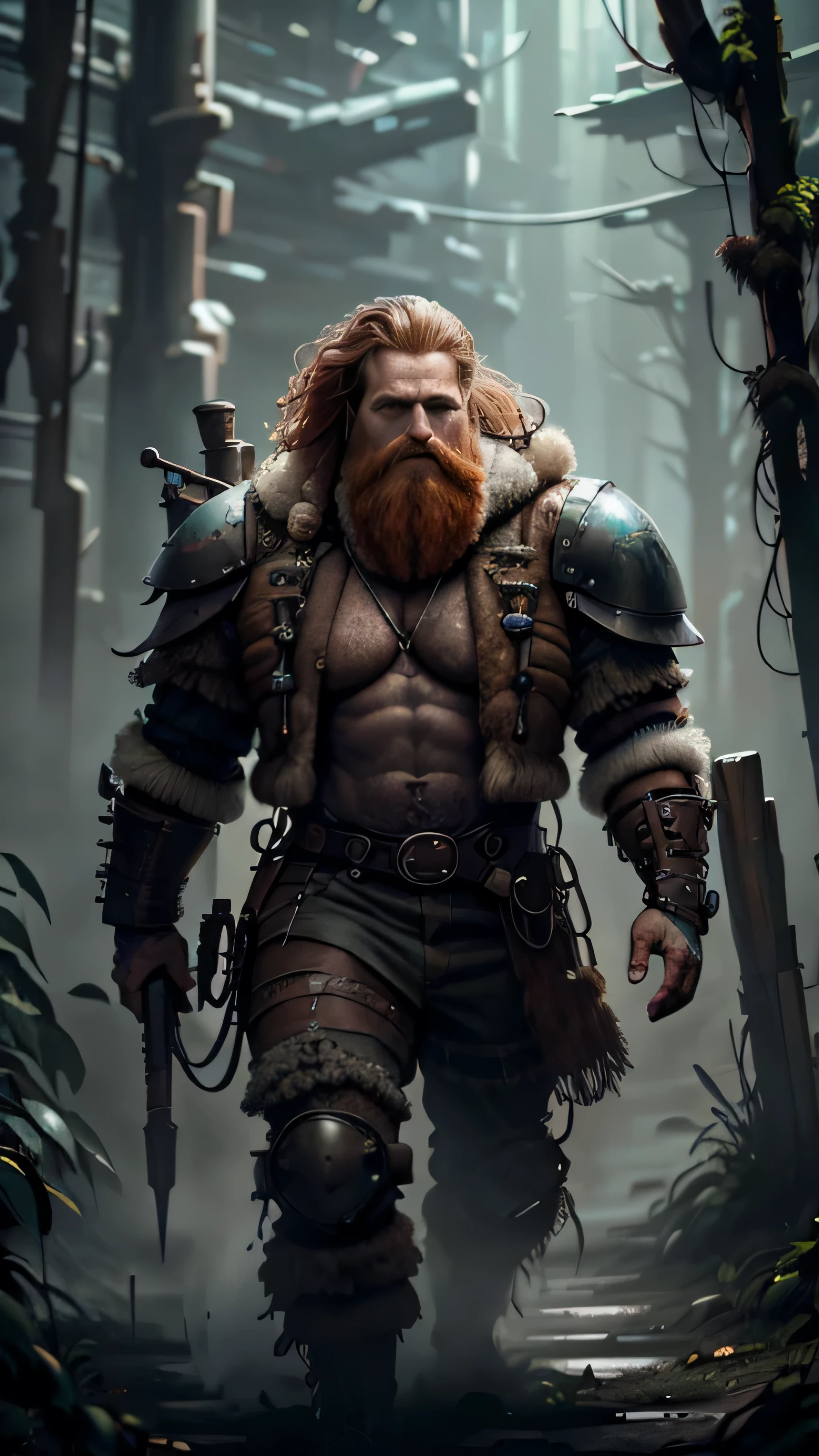 (сyberpunk style), Kristofer Hivju as Tormund Giantsbane, fur сyberpunk suit, big сyberpunk ax, leather сyberpunk boots, standing, in the сyberpunk forest, (1man), (solo), (full body view), beautiful detailed glow, detailed, cinematic light, intricate detail, realistic, highres, detailed facial features, high detail, sharp focus, smooth, aesthetic, extremely detailed, stamp, octane render