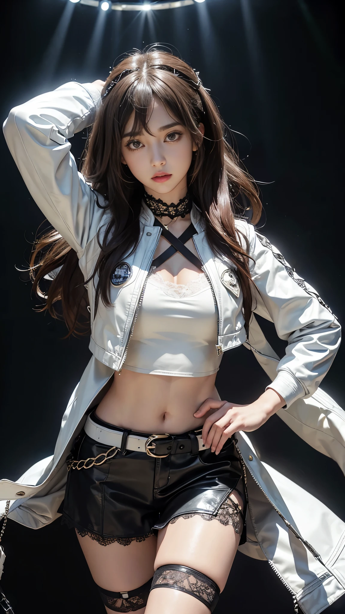 8K, ultra hd, masterpiece, hd colors, 1 girl, perfect face, very long curly hair, detailed eyes, rockstar outfit, ((white leather jacket)), ((thin vest)), underwear, belt:1.5, stocking, ((criss-cross lace)), ((chain)), stars, ((criss-cross on waist)), jwellery, Realistic club, lighting stage, (spot light:1.5), night club, decorated stage, bulbs, (glowing light:1.5), bloom lighting, foggy effect, front body pose,