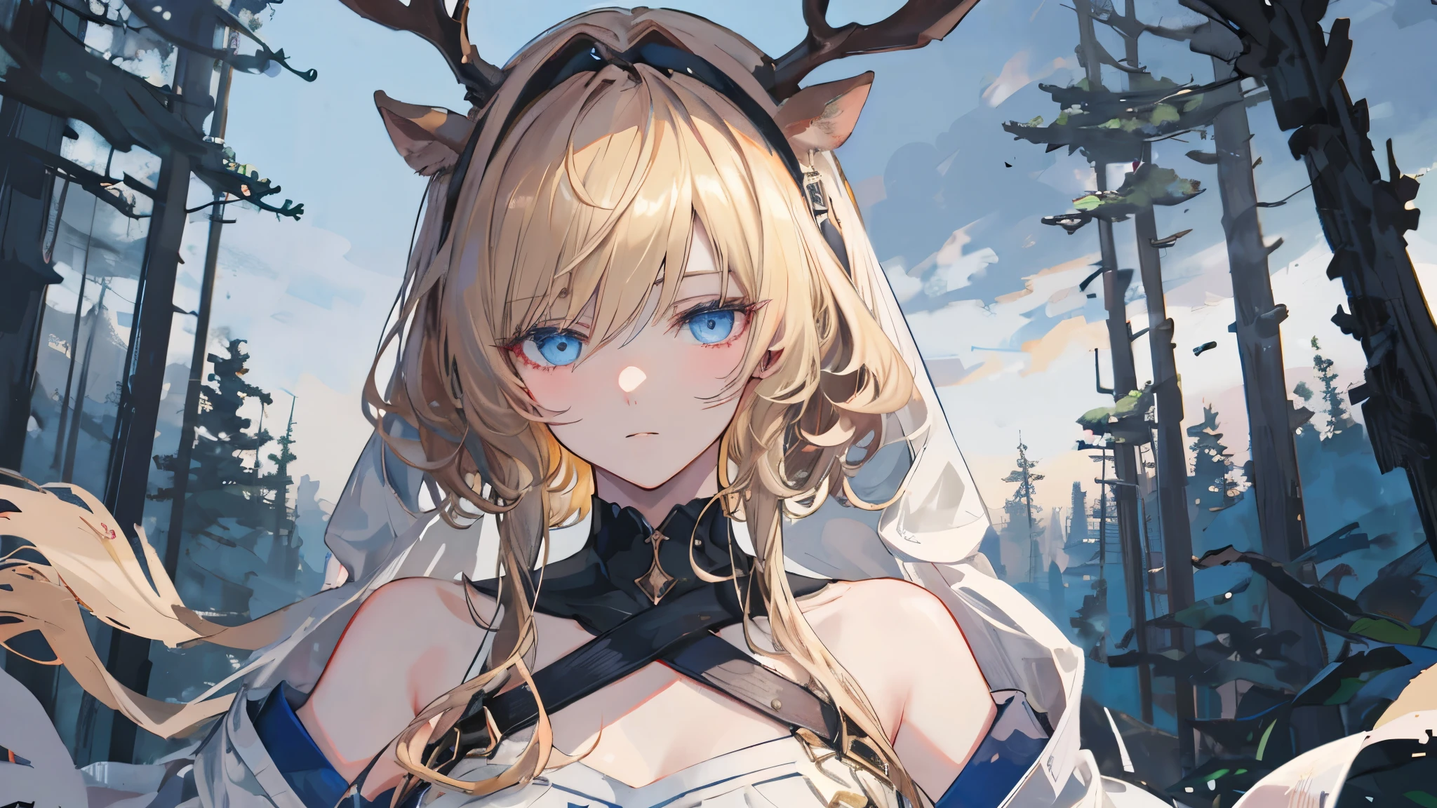 8K, Best quality, Masterpiece, Highly detailed, Half realistic, A girl, A girl, 20 years old, looking over hands, Long dark blond hair，By bangs, Curly hair, Blue eyes, Black Japanese cut clothes, White pants, Bare shoulders, golden detailing, Thin figure, Cold expression, Battle scenes, Outdoors, Forest background, There are a lot of trees and dark sky