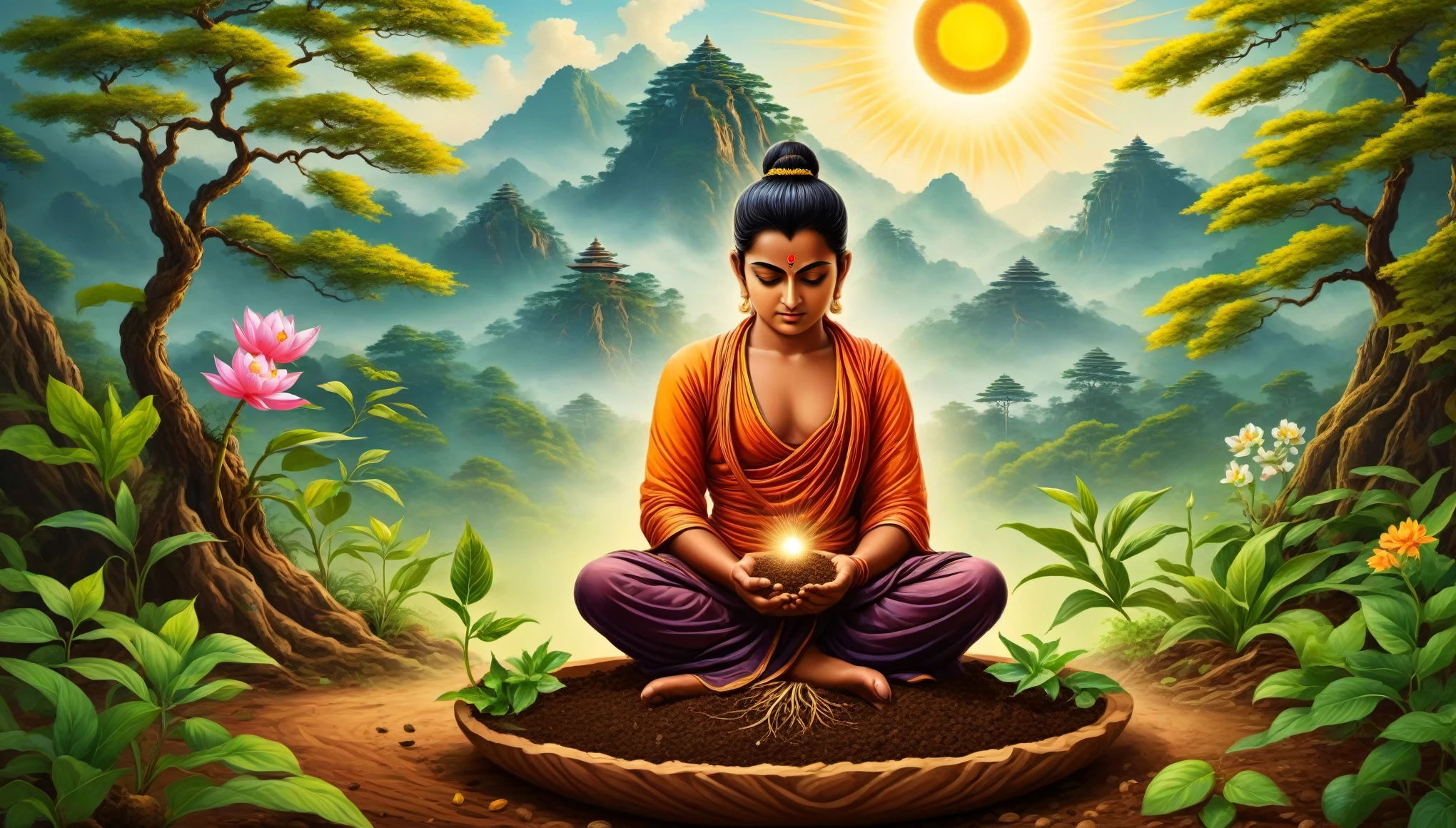 A person planting a seed with a determined and focused expression, symbolizing sankalpa.