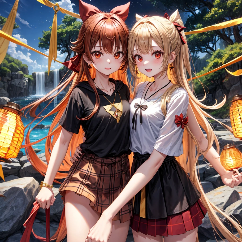 Brown, red, gold, golden hair、Red eyes、One good looking girl、solo、anime、Checkered mini skirt、Black camisole、Black T-shirt、hoodie、Wearing a ribbon、Ribbon on waist、Crystal Earrings、Gemstone Necklace、Light and shadow、Tilting face、Teeth are visible、waterfall、Kuroko、tunnel、pylon、Sunset sky、Towering、frilled lizard、light、flash、Barrel、honeycomb