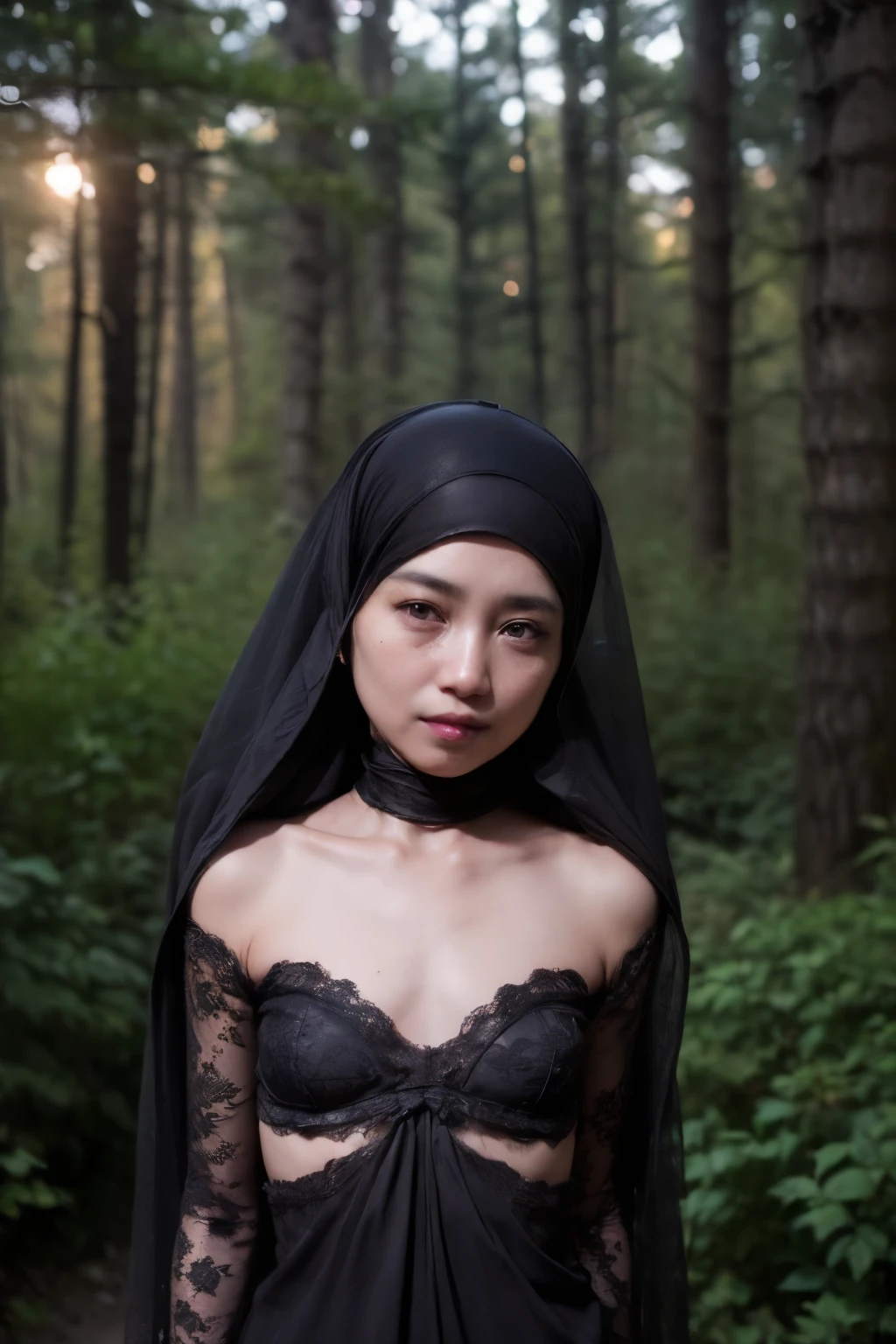 ((FLAT CHEST:1.8)), ((Lace)), (Happy smile), (((HIJAB MALAY GIRL))), masutepiece, High quality, UHD 32K, Realistic face, Realistic skin feeling , A Japanese Lady, 58 years old matured lady, , Very cute and baby-like face, (((FLAT CHEST))), (Night time at forest), ((look In front  at the camera and SADNESS)), (((CUTE GIRL))), ((DARK BLACK FLUORESCENT LIPS)), ((Floral Pattern)) little wearing strapless bra, strapless colorful bra, dark night background , black forest night, horror scary place, (from behind up) seductive pose