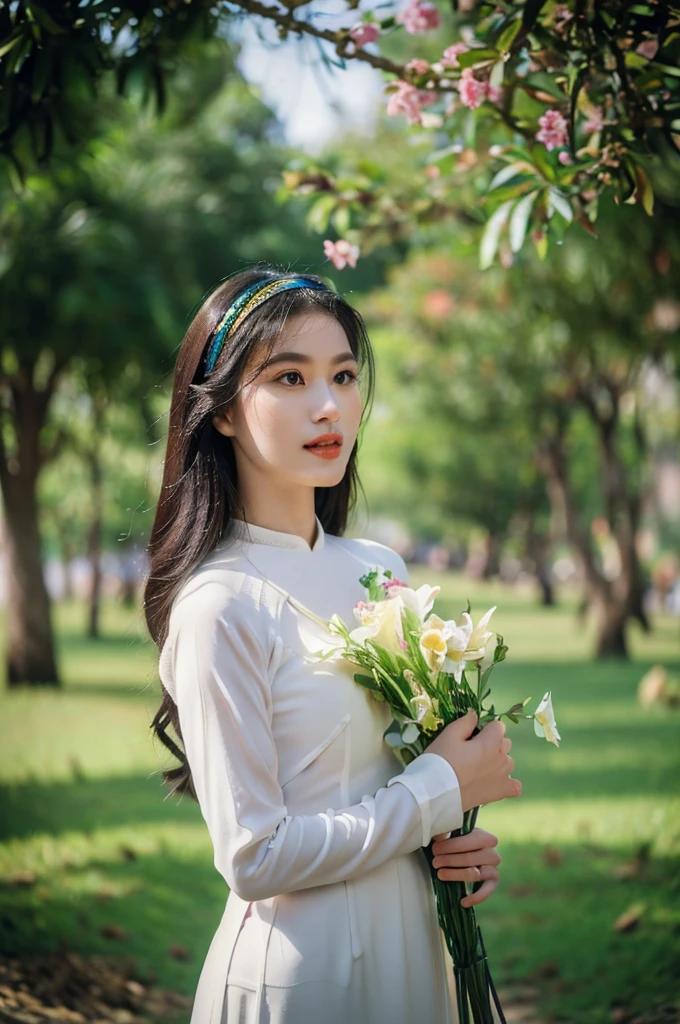 (ao dai:1.1,beautiful detailed eyes,beautiful detailed lips,extremely detailed eyes and face,long eyelashes), flower garden with vibrant colors,green grass and blooming flowers,traditional Vietnamese hat on her head,colourful butterflies and birds flying around,soft sunlight shining through the trees,delicate embroidery on the ao dai,peaceful and serene atmosphere,high-res(mega-pixel),photo-realistic style,soft and warm color tone,subtle and natural lighting