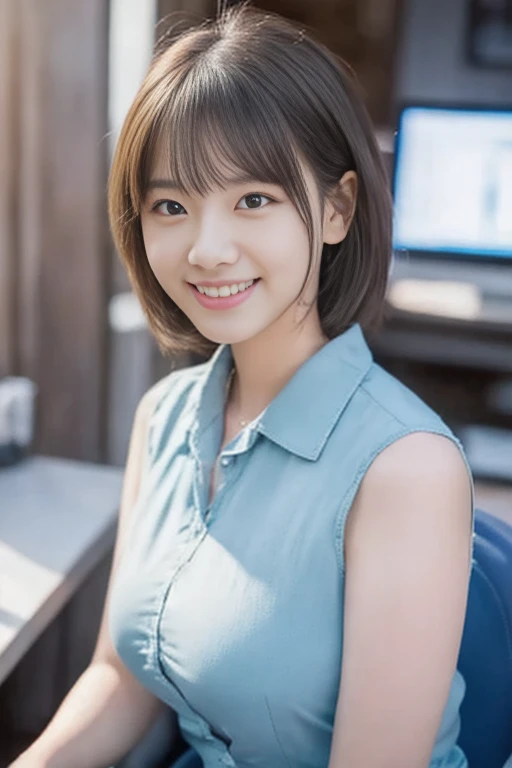 (8K, RAW photo, highest quality, masterpiece:1.2), (realistic, photo-realistic:1.37), super detailed,
1 girl,cute, alone,beautiful and detailed sky,Detailed Office,night,sitting,date,(blush your nose),(smile:1.5),(closed mouth),big breasts, seductive smile, large aparture, professional lighting, Sony α7R4, Zessie 50mm F1.8,
large breasts,beautiful and fine eyes,(collared shirt:1.1),Officesuit,(short hair:1.2),floating hair 