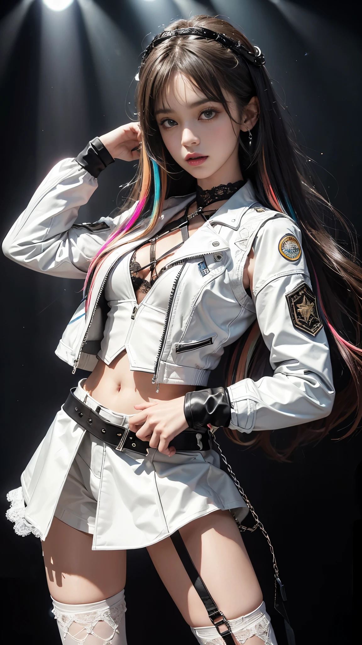 8K, ultra hd, masterpiece, hd colors, 1 girl, perfect face, very long curly hair, detailed eyes, rockstar outfit, ((white leather jacket)), ((thin vest)), underwear, belt:1.5, stocking, ((criss-cross lace)), ((chain)), stars, ((criss-cross on waist)), jwellery, Realistic club, lighting stage, (spot light:1.5), night club, decorated stage, bulbs, (colorful light:1.5), bloom lighting, foggy effect, front body pose,