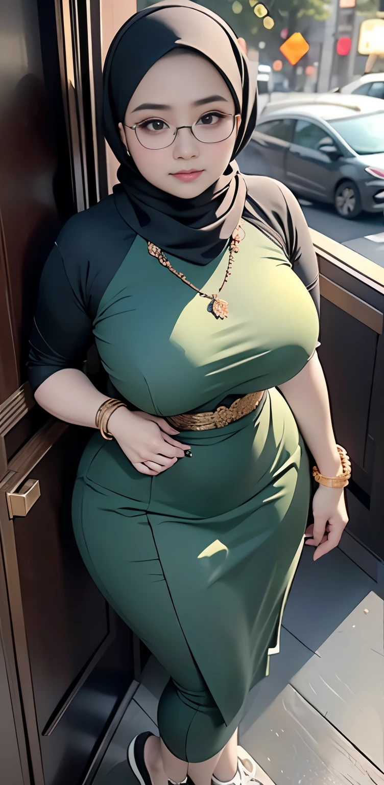 1 malay girl, modern plain hijab, shy, medium portrait, watery eyes, wearing dark green kebaya, ((big breasts)), black bokeh background, well-proportioned body,, chubby massive thighs, full body pose, wearing a necklace , wearing 10 bracelet , wearing a sneaker , glasses 