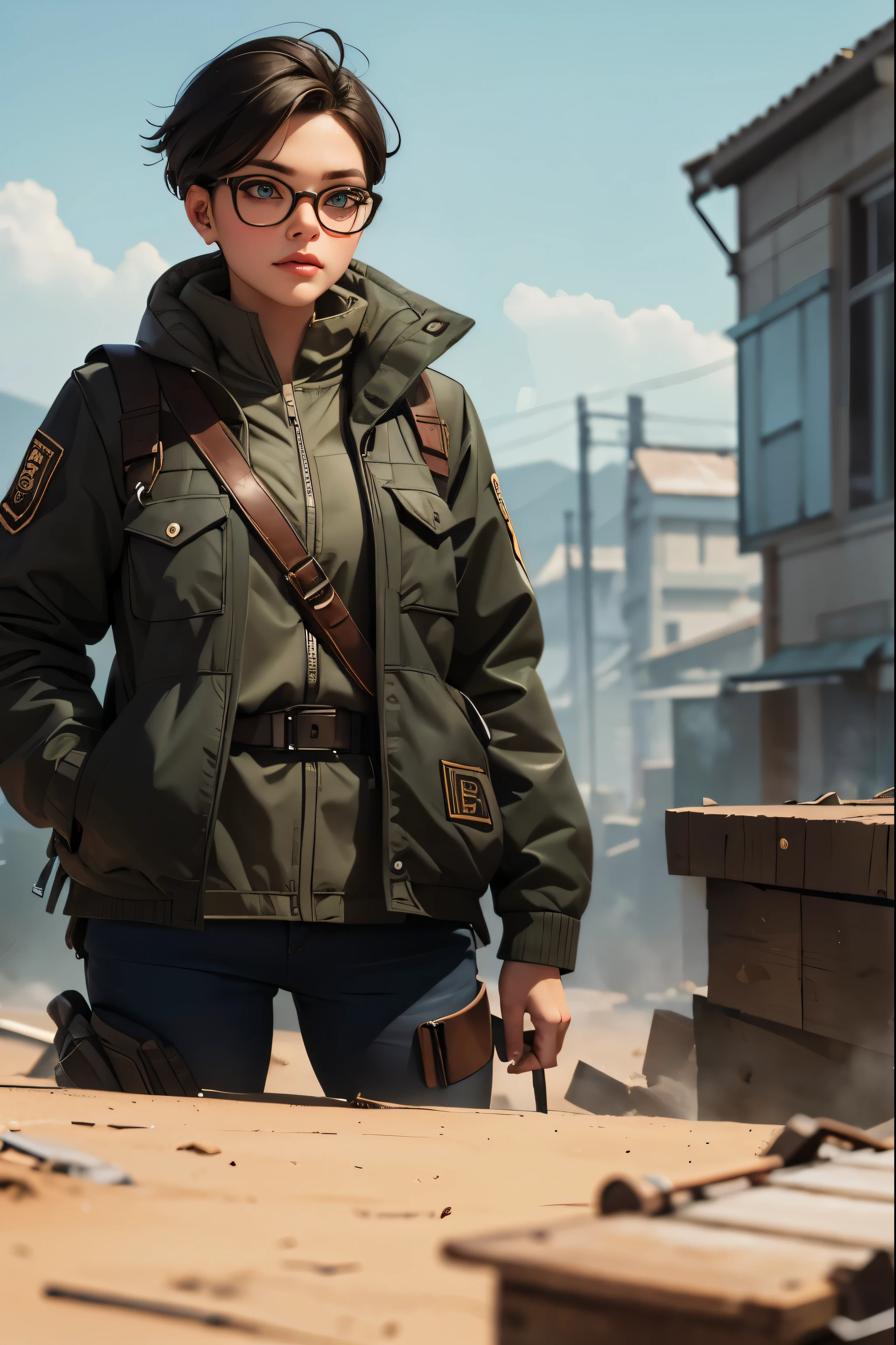 a pretty girl messenger, wearing large glasses, undercut hair, wearing postal uniform, in a post-apocalyptic world