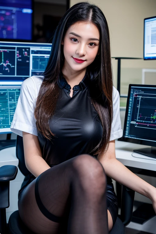 Absurd resolution, high resolution, (masterpiece: 1.4), hyper-detail, black-haired young woman dressed as a technician, blushing and excited expression, sitting in an extremely narrow and closed mecha control room