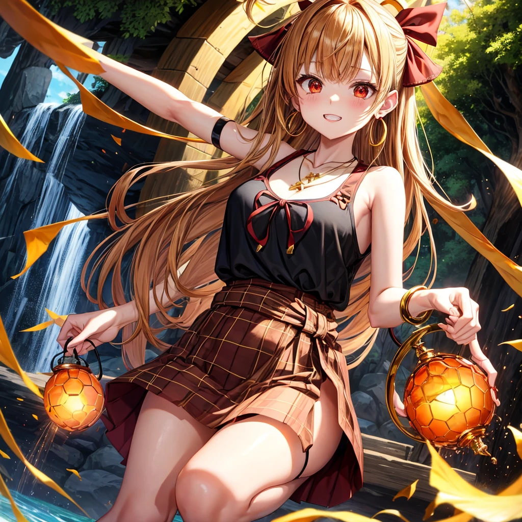 Brown, red, gold, golden hair、Red eyes、One good looking girl、solo、anime、Checkered mini skirt、Black camisole、Black T-shirt、hoodie、Wearing a ribbon、Ribbon on waist、Crystal Earrings、Gemstone Necklace、Light and shadow、Tilting face、Teeth are visible、waterfall、Kuroko、tunnel、pylon、Sunset sky、Towering、frilled lizard、light、flash、Barrel、honeycomb