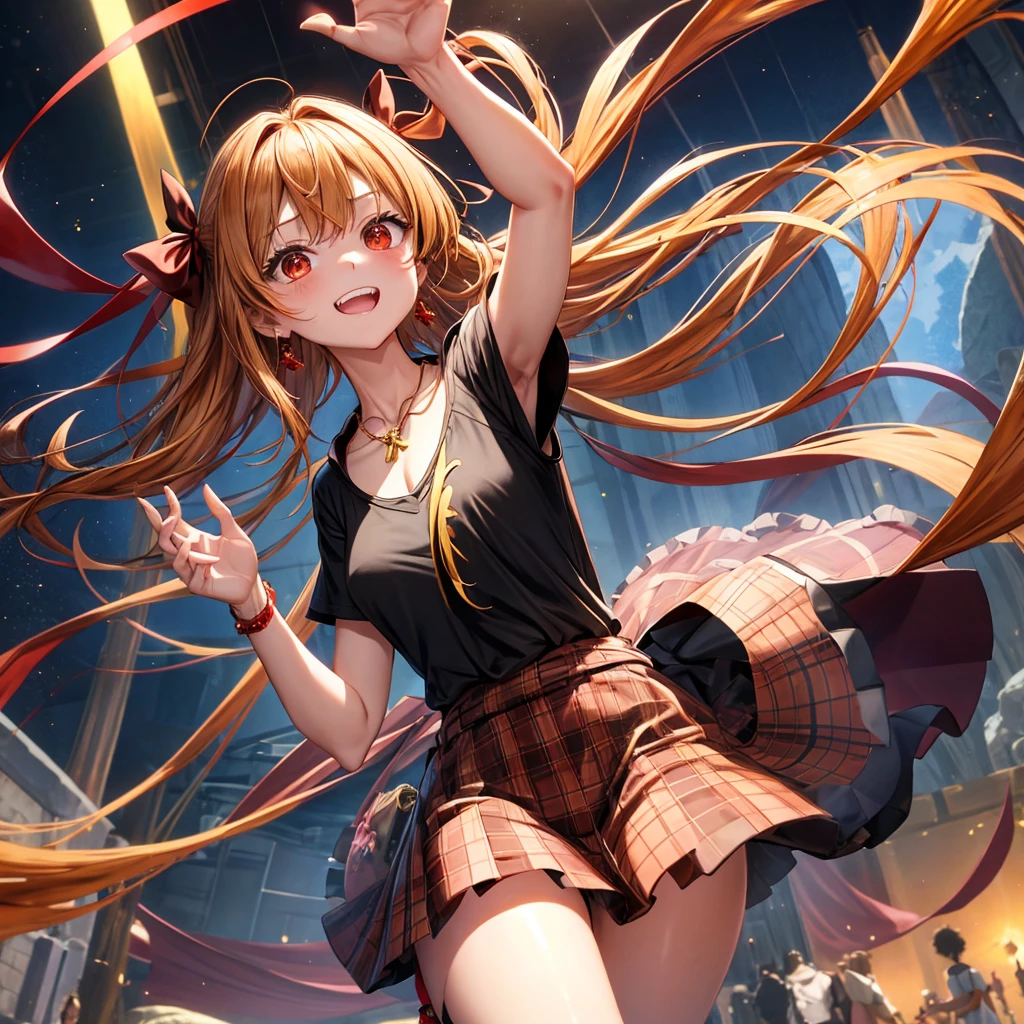 Brown, red, gold, golden hair、Red eyes、One good looking girl、solo、anime、Checkered mini skirt、Black camisole、Black T-shirt、hoodie、Wearing a ribbon、Ribbon on waist、Crystal Earrings、Gemstone Necklace、Light and shadow、Tilting face、Teeth are visible、waterfall、Kuroko、tunnel、pylon、Sunset sky、Towering、frilled lizard、light、flash、Barrel、honeycomb